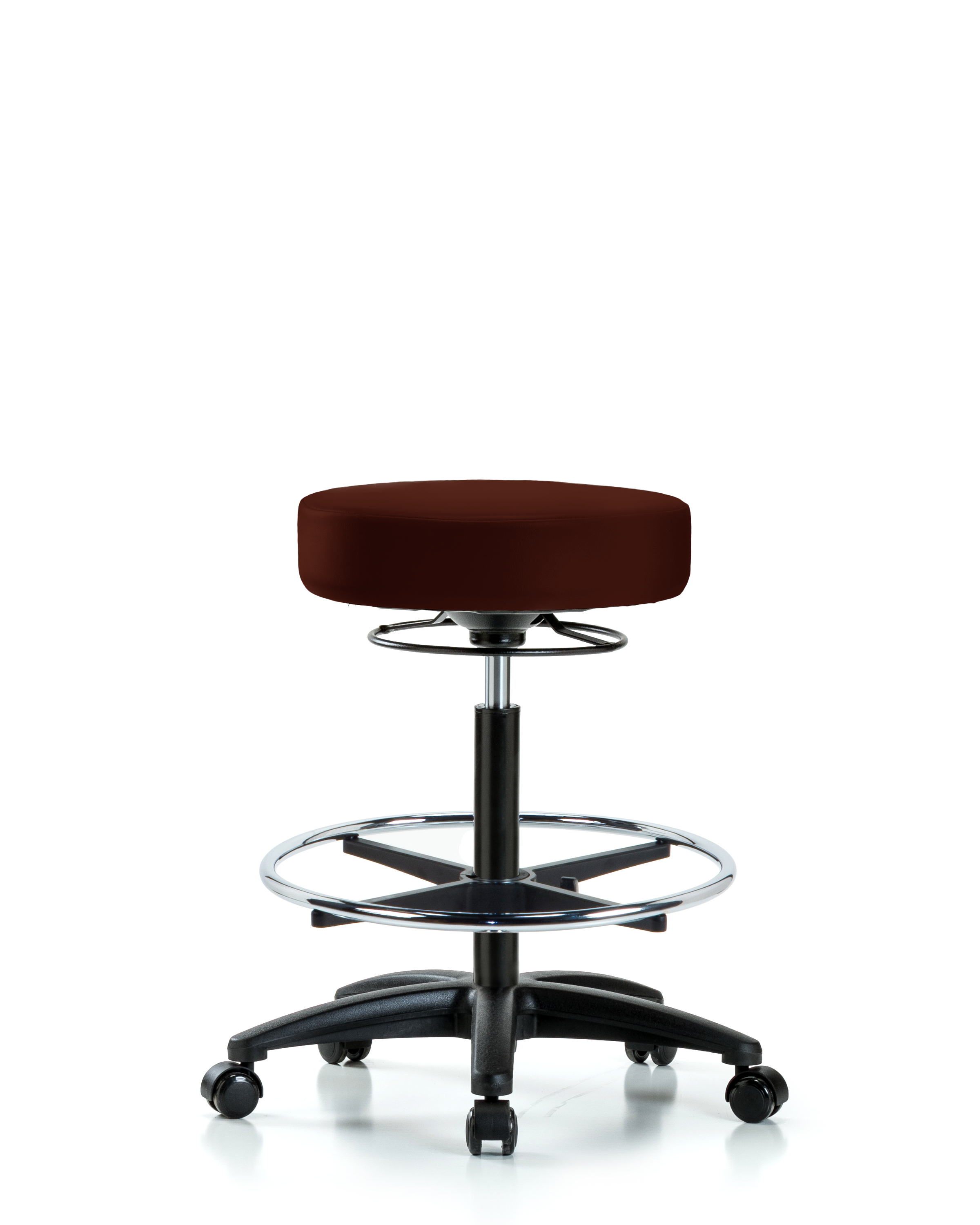 Rutledge Vinyl Stool without Back - High Bench Height with Chrome Foot Ring & Casters in Burgundy Trailblazer Vinyl