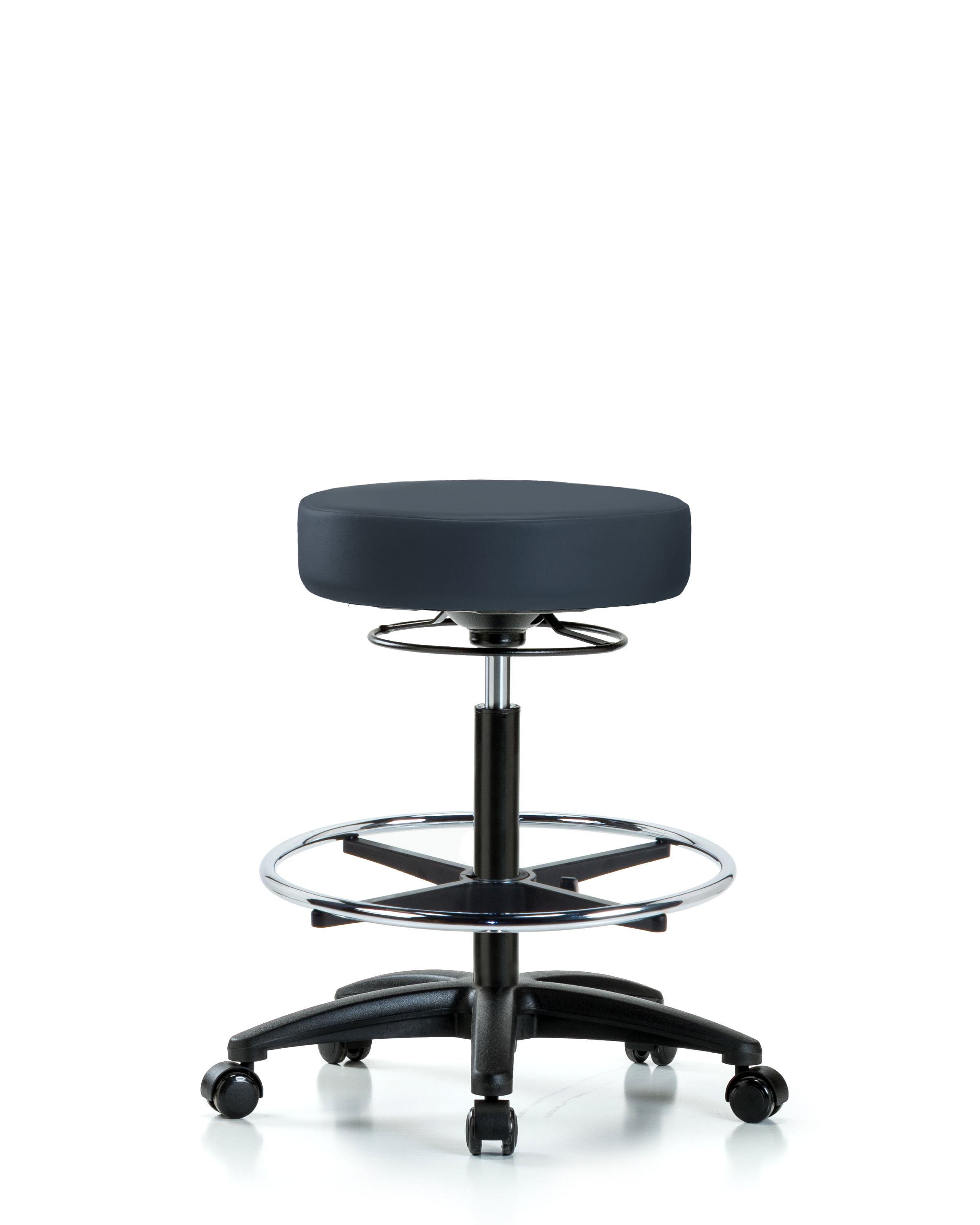 Rutledge Vinyl Stool without Back - High Bench Height with Chrome Foot Ring & Casters in Imperial Blue Trailblazer Vinyl