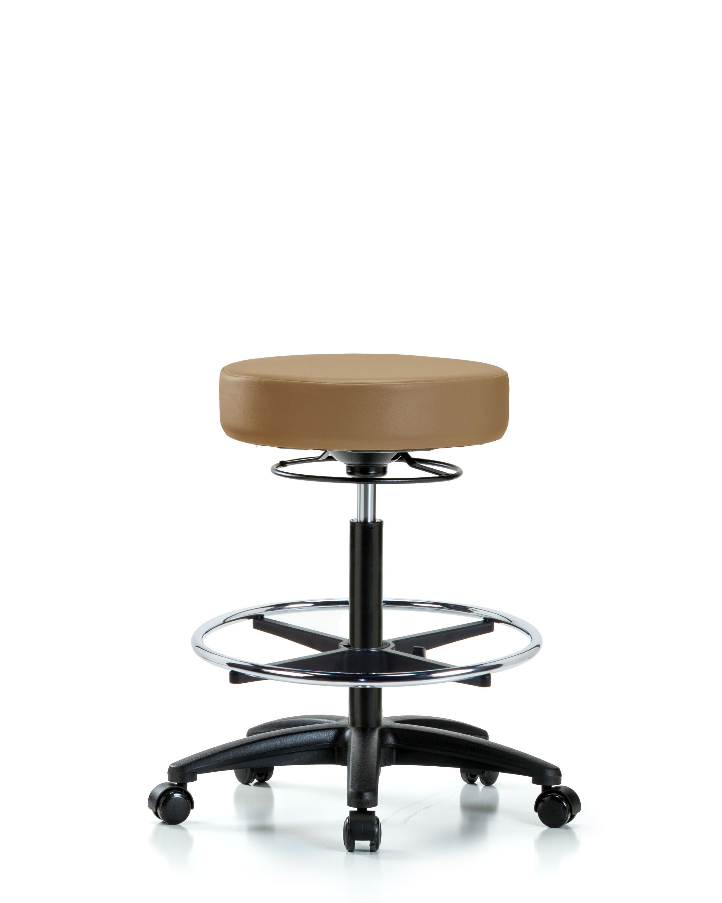 Rutledge Vinyl Stool without Back - High Bench Height with Chrome Foot Ring & Casters in Taupe Trailblazer Vinyl
