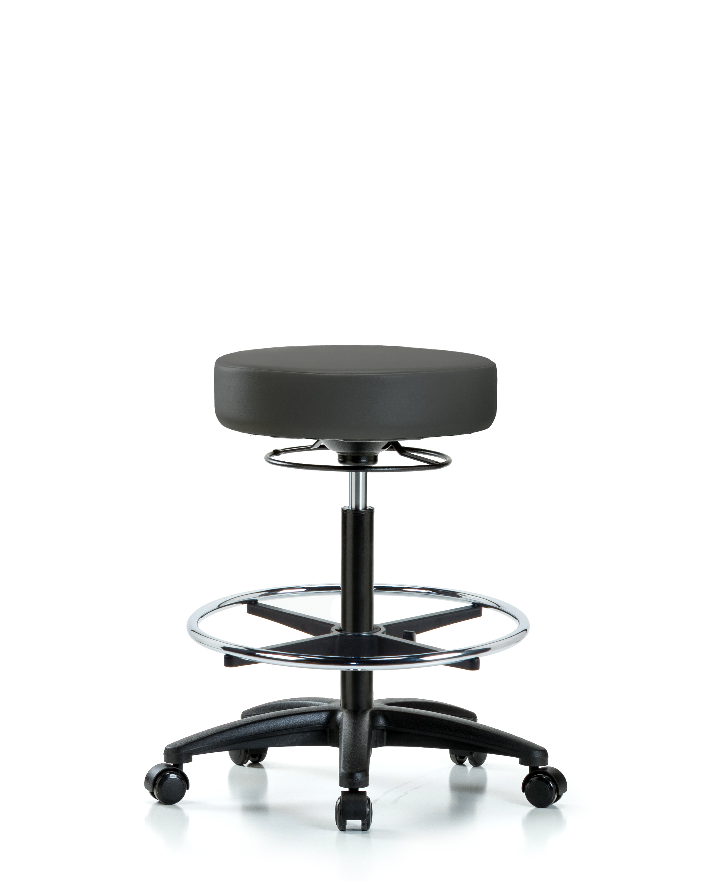 Rutledge Vinyl Stool without Back - High Bench Height with Chrome Foot Ring & Casters in Charcoal Trailblazer Vinyl