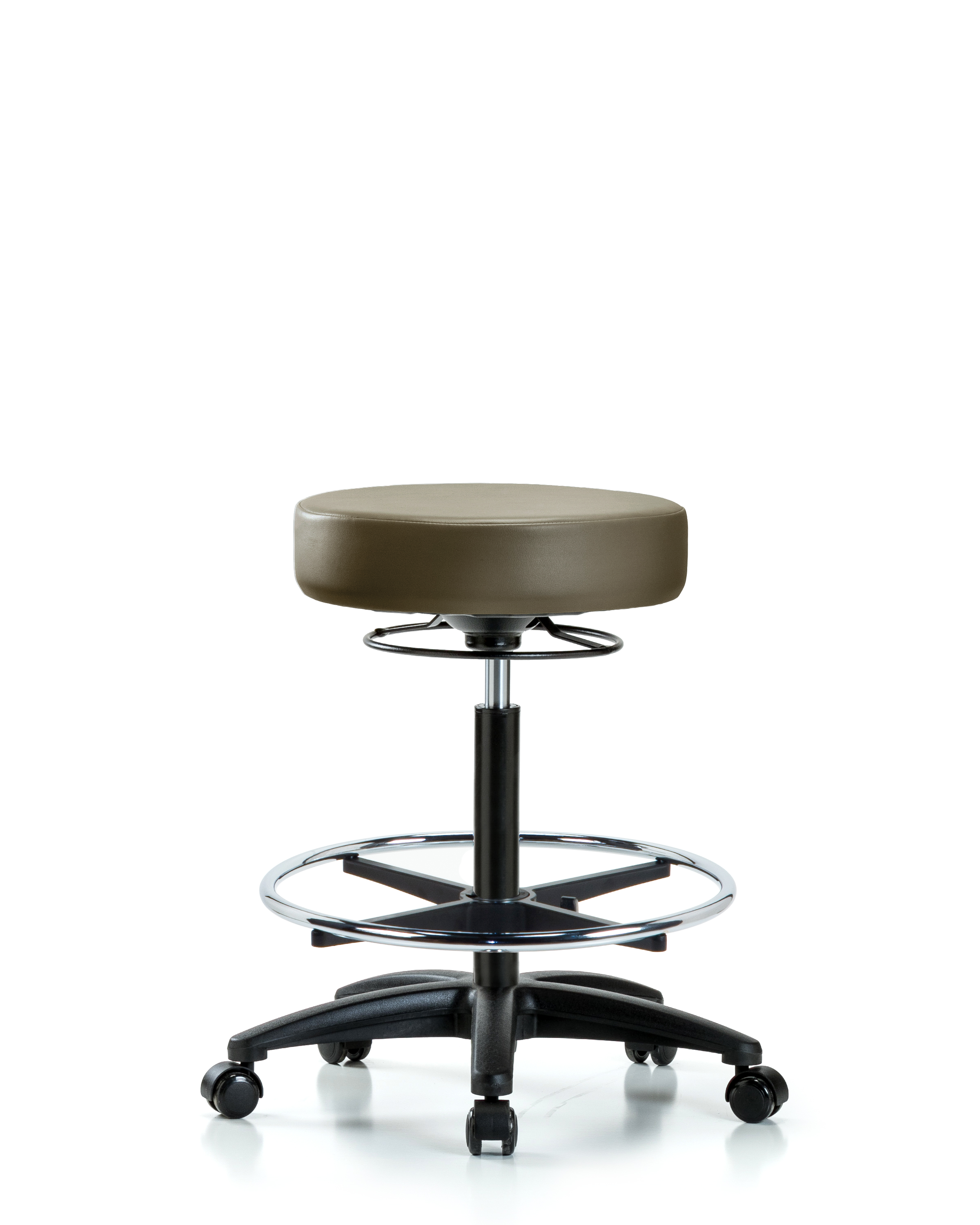 Rutledge Vinyl Stool without Back - High Bench Height with Chrome Foot Ring & Casters in Taupe Supernova Vinyl