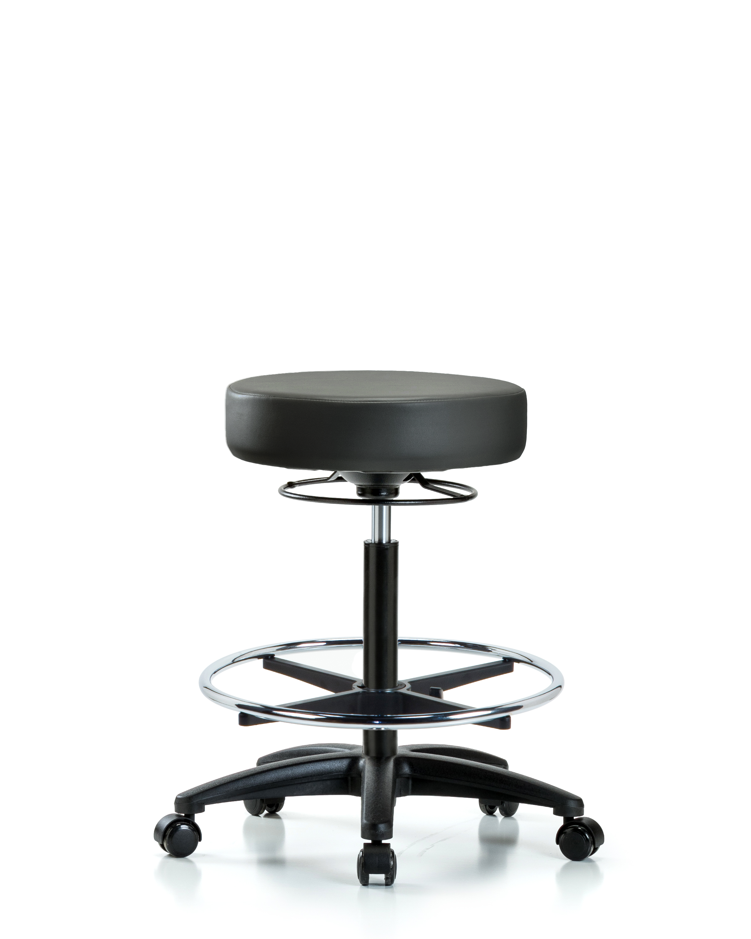 Rutledge Vinyl Stool without Back - High Bench Height with Chrome Foot Ring & Casters in Carbon Supernova Vinyl