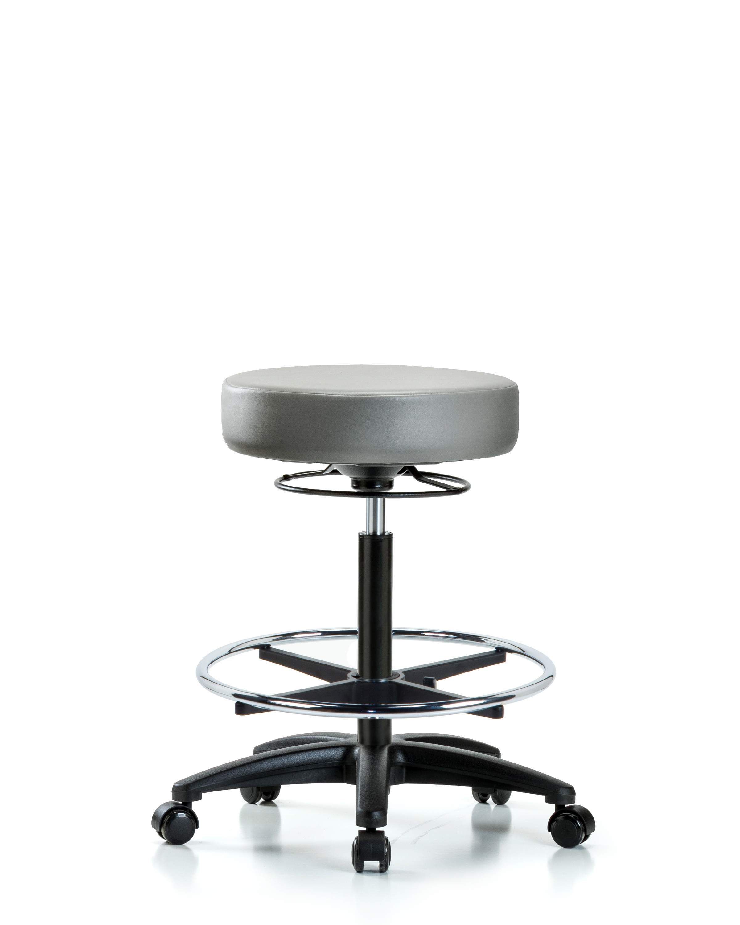 Rutledge Vinyl Stool without Back - High Bench Height with Chrome Foot Ring & Casters in Sterling Supernova Vinyl