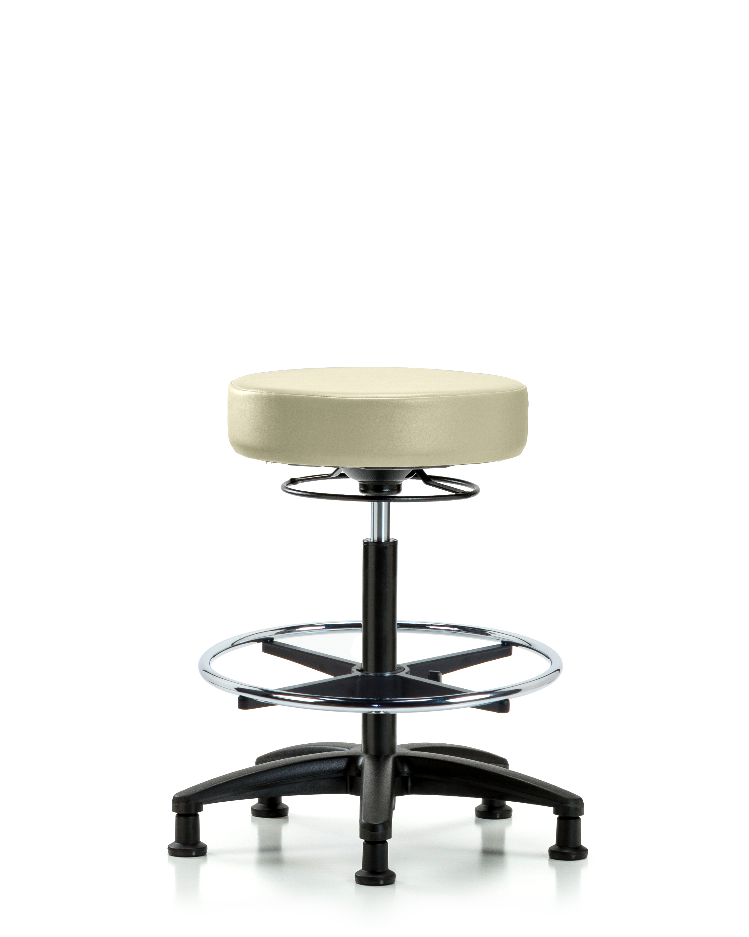 Rutledge Vinyl Stool without Back - High Bench Height with Chrome Foot Ring & Stationary Glides in Adobe White Trailblazer Vinyl