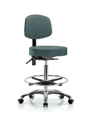Rutledge Vinyl Stool with Back Chrome - High Bench Height with Chrome Foot Ring & Casters in Colonial Blue Trailblazer Vinyl