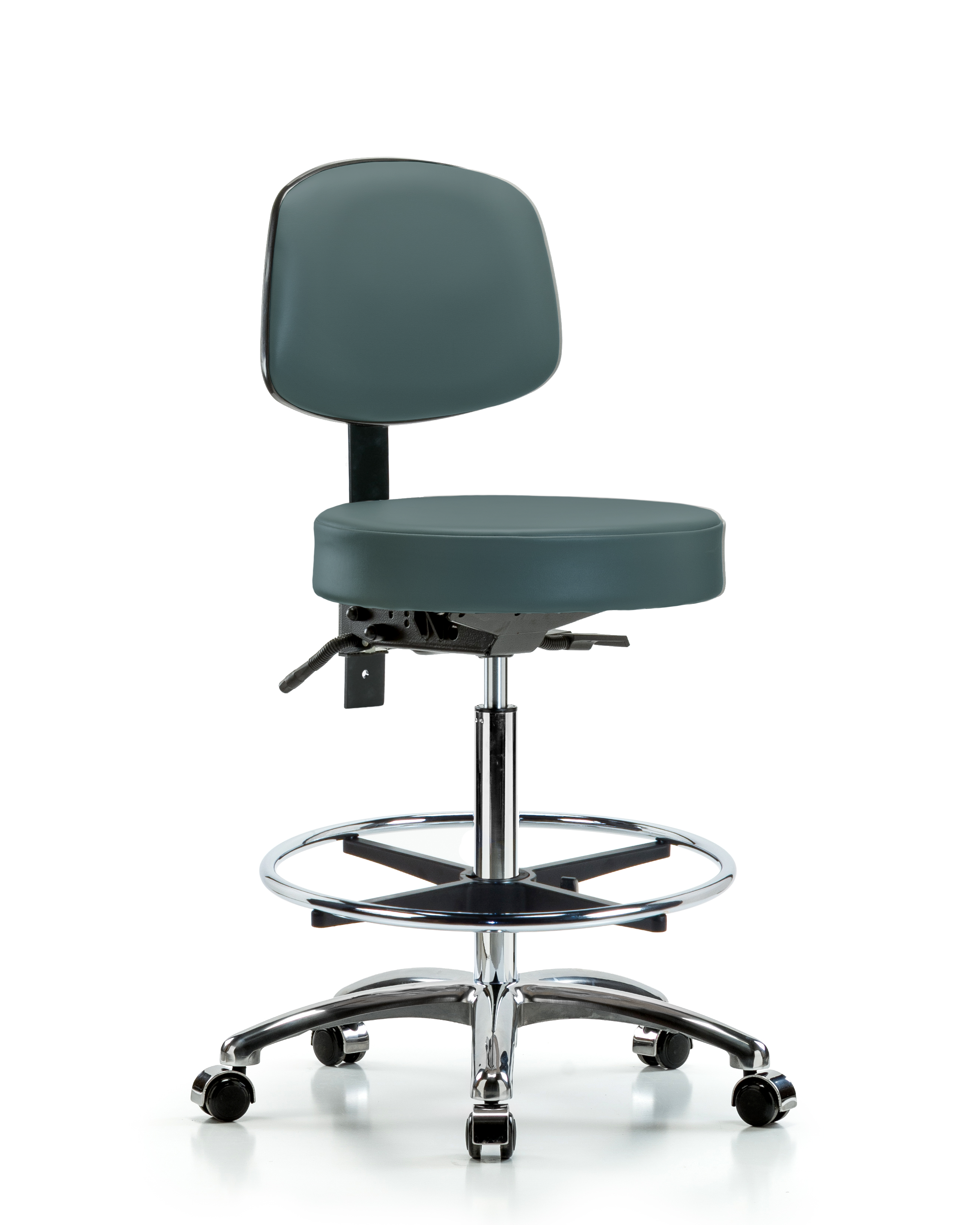 Rutledge Vinyl Stool with Back Chrome - High Bench Height with Chrome Foot Ring & Casters in Colonial Blue Trailblazer Vinyl