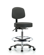 Rutledge Vinyl Stool with Back Chrome - High Bench Height with Chrome Foot Ring & Casters in Charcoal Trailblazer Vinyl