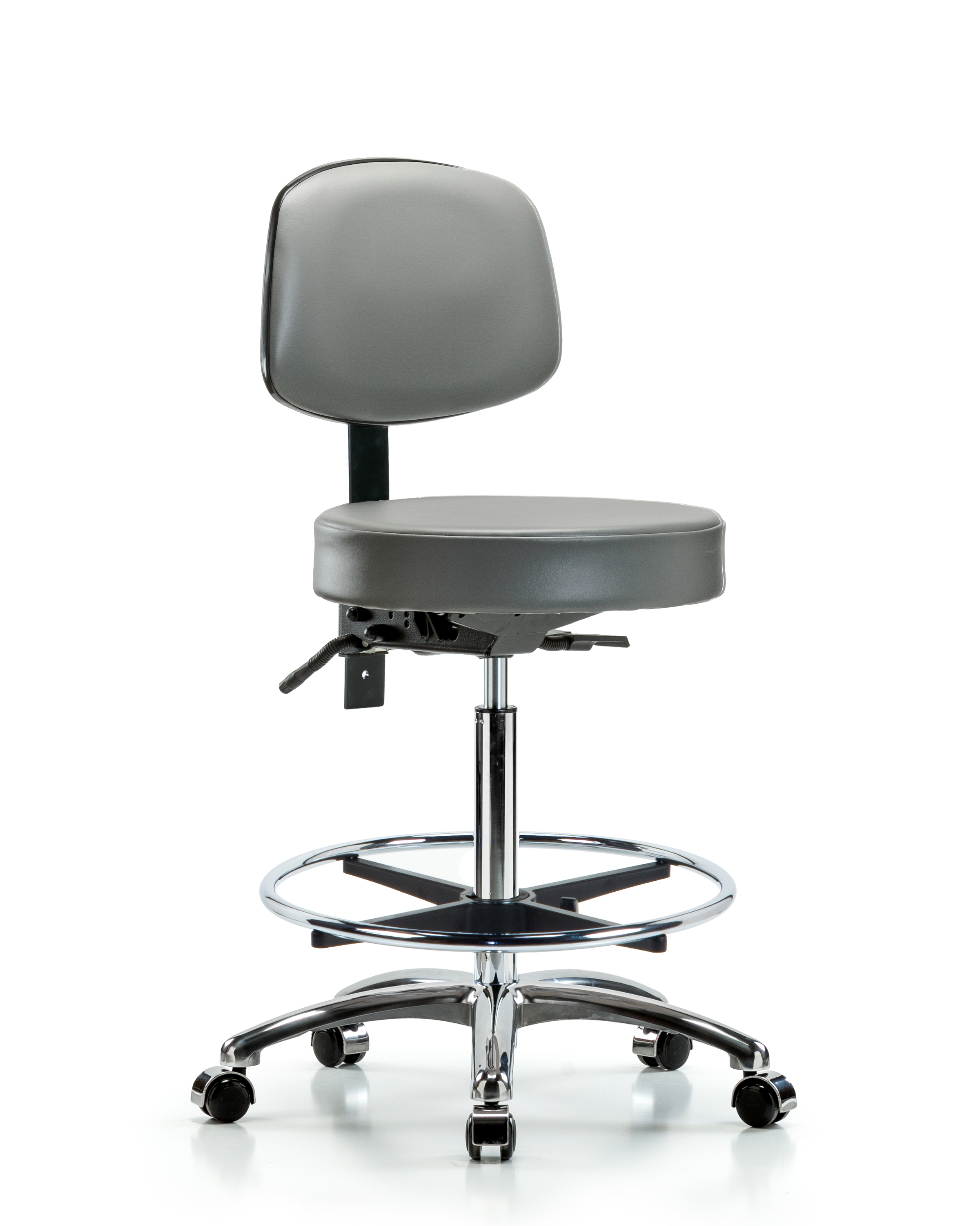 Rutledge Vinyl Stool with Back Chrome - High Bench Height with Chrome Foot Ring & Casters in Sterling Supernova Vinyl