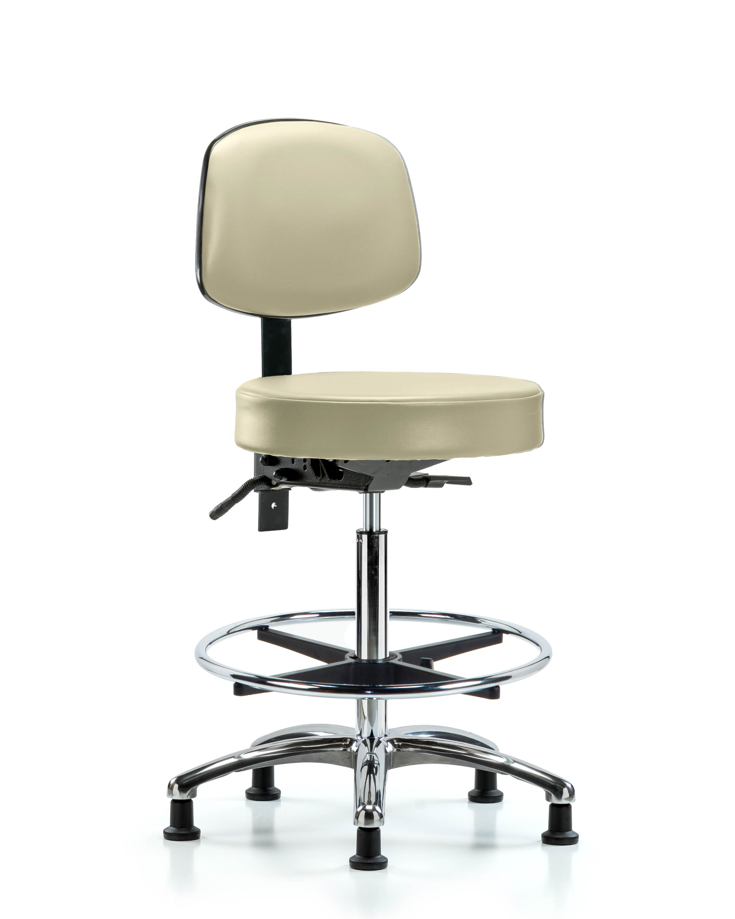 Rutledge Vinyl Stool with Back Chrome - High Bench Height with Chrome Foot Ring & Stationary Glides in Adobe White Trailblazer Vinyl