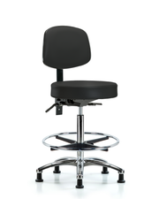 Rutledge Vinyl Stool with Back Chrome - High Bench Height with Chrome Foot Ring & Stationary Glides in Black Trailblazer Vinyl