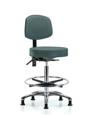 Rutledge Vinyl Stool with Back Chrome - High Bench Height with Chrome Foot Ring & Stationary Glides in Colonial Blue Trailblazer Vinyl