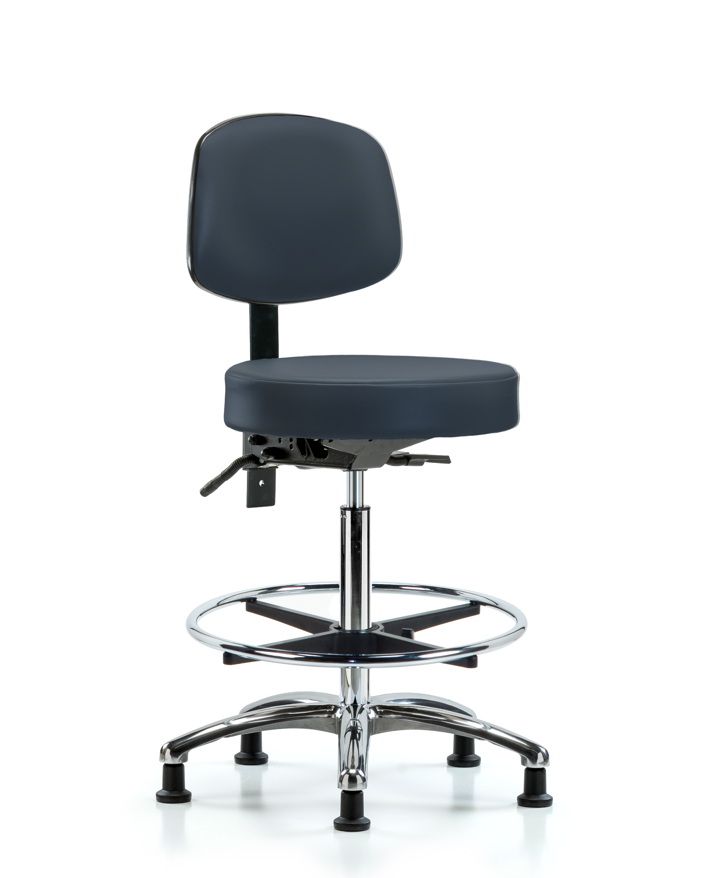 Rutledge Vinyl Stool with Back Chrome - High Bench Height with Chrome Foot Ring & Stationary Glides in Imperial Blue Trailblazer Vinyl