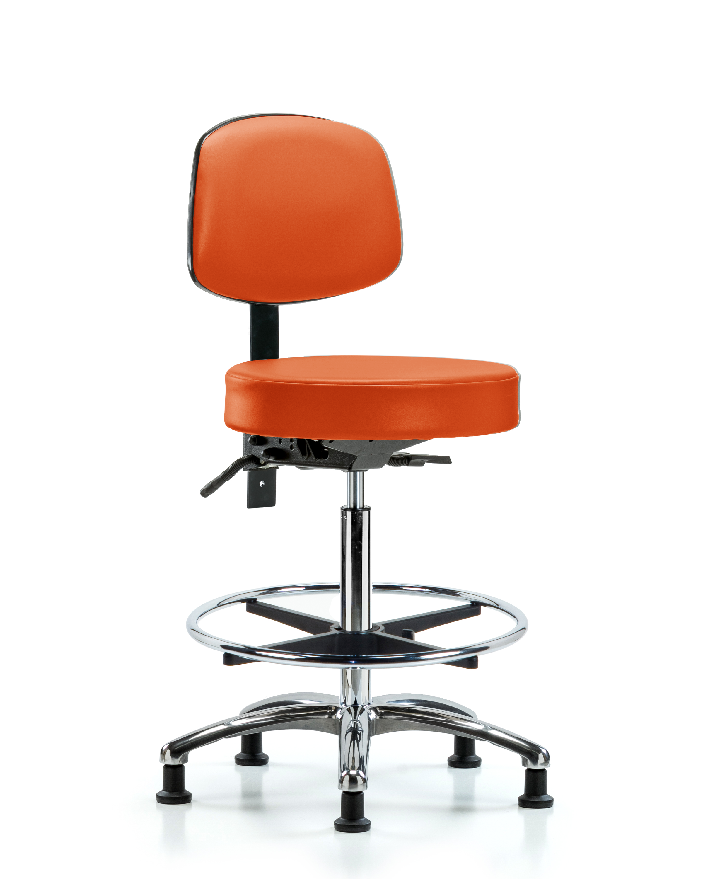 Rutledge Vinyl Stool with Back Chrome - High Bench Height with Chrome Foot Ring & Stationary Glides in Orange Kist Trailblazer Vinyl
