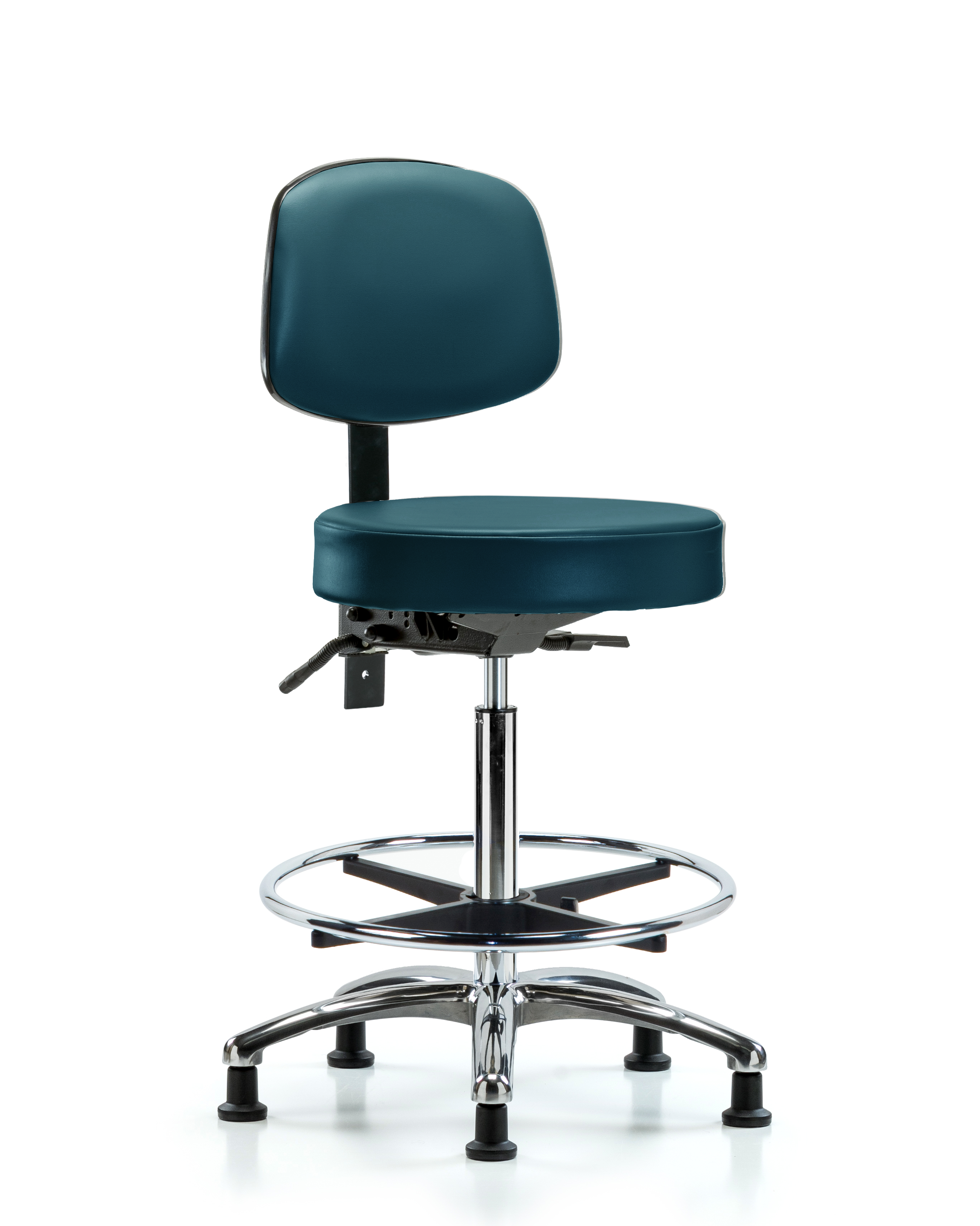 Rutledge Vinyl Stool with Back Chrome - High Bench Height with Chrome Foot Ring & Stationary Glides in Marine Blue Supernova Vinyl