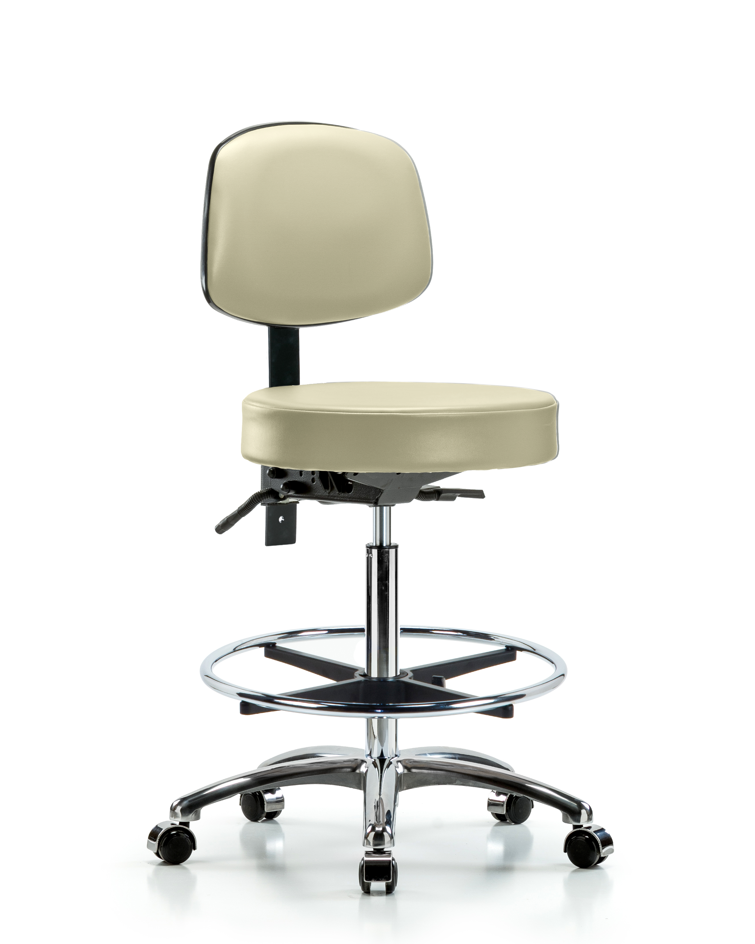 Rutledge Vinyl Stool with Back Chrome - High Bench Height with Seat Tilt, Chrome Foot Ring, & Casters in Adobe White Trailblazer Vinyl
