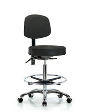 Rutledge Vinyl Stool with Back Chrome - High Bench Height with Seat Tilt, Chrome Foot Ring, & Casters in Black Trailblazer Vinyl