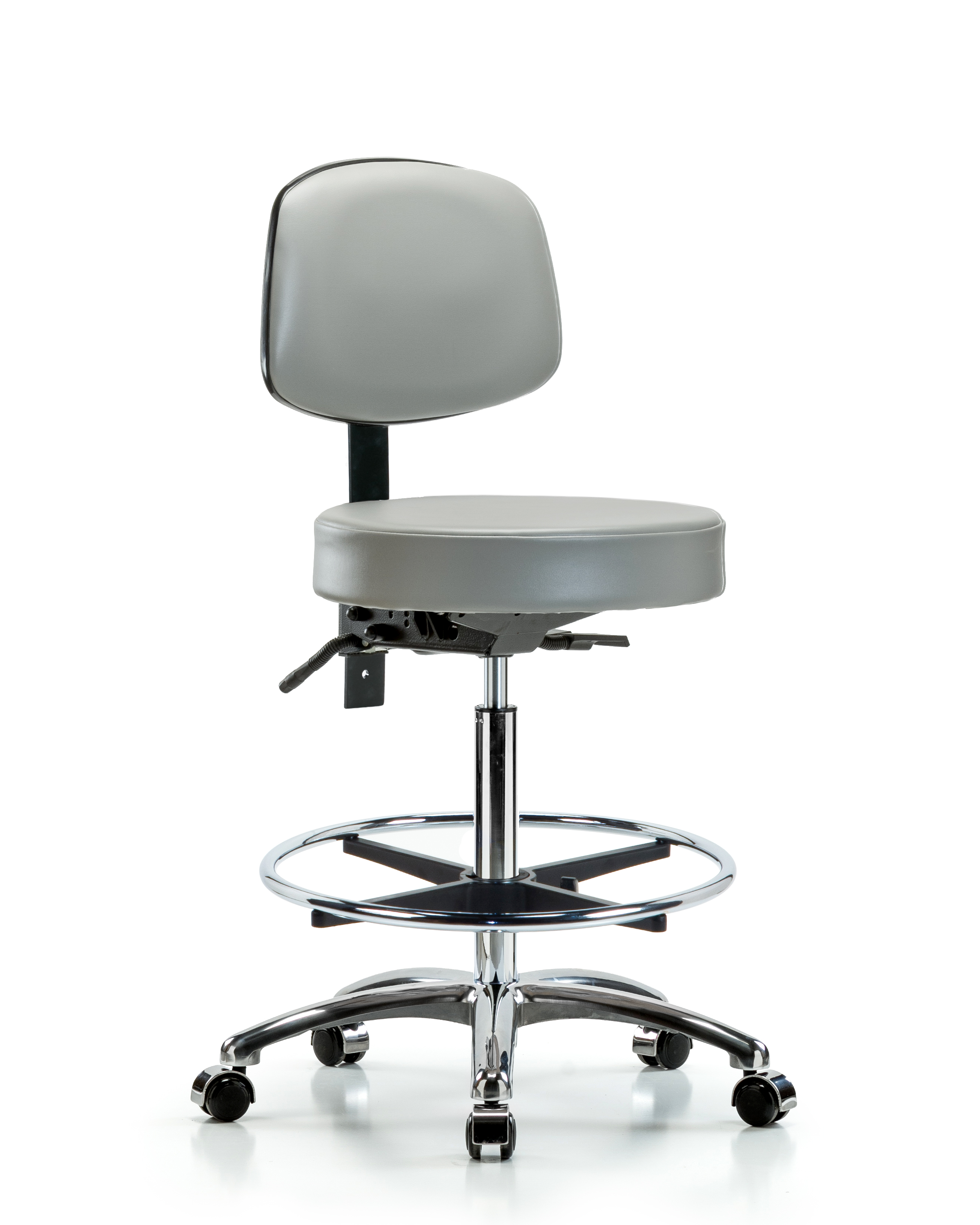 Rutledge Vinyl Stool with Back Chrome - High Bench Height with Seat Tilt, Chrome Foot Ring, & Casters in Dove Trailblazer Vinyl