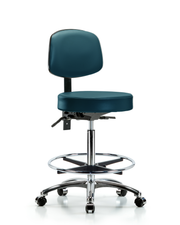 Rutledge Vinyl Stool with Back Chrome - High Bench Height with Seat Tilt, Chrome Foot Ring, & Casters in Marine Blue Supernova Vinyl