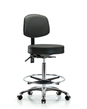 Rutledge Vinyl Stool with Back Chrome - High Bench Height with Seat Tilt, Chrome Foot Ring, & Casters in Carbon Supernova Vinyl