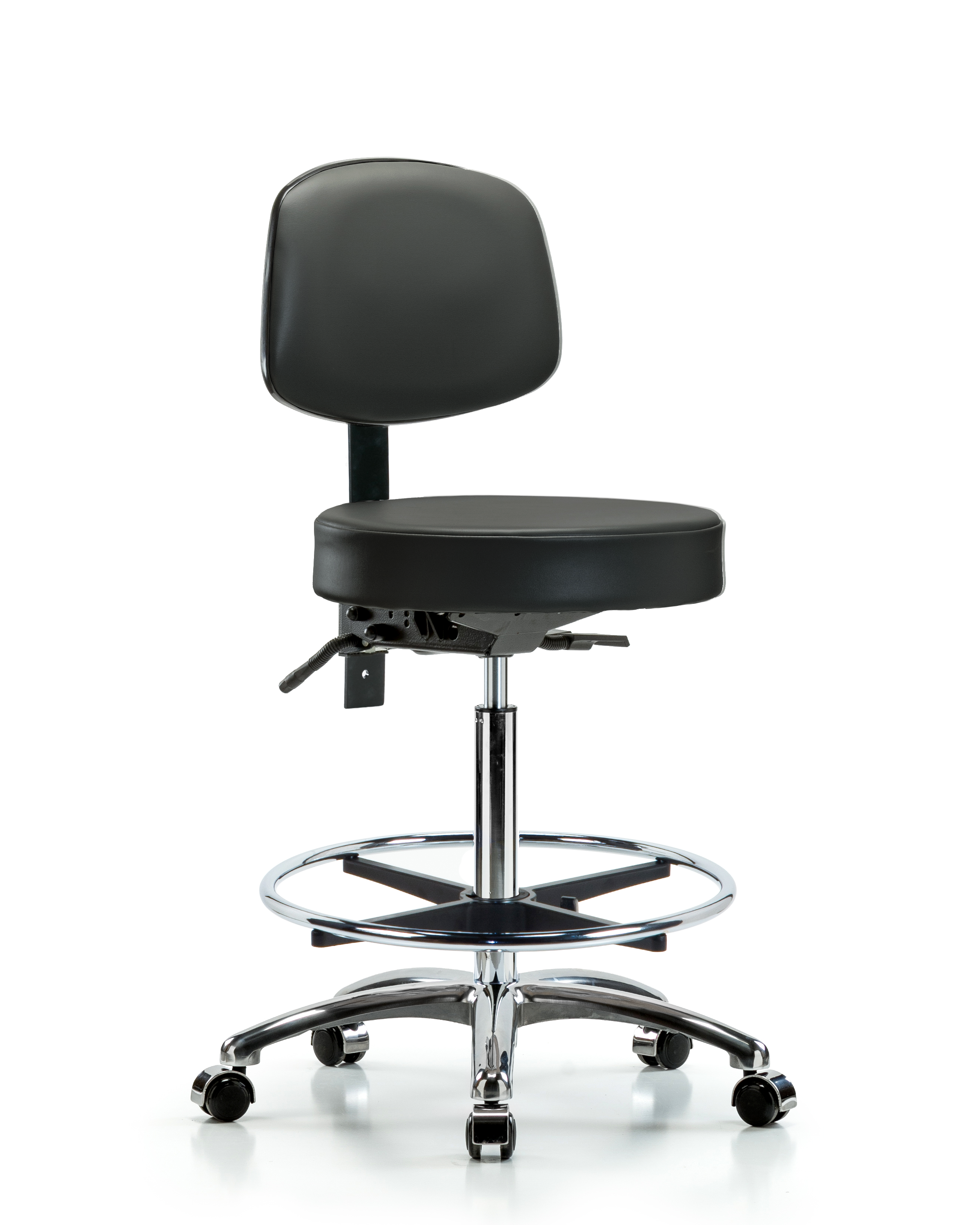 Rutledge Vinyl Stool with Back Chrome - High Bench Height with Seat Tilt, Chrome Foot Ring, & Casters in Carbon Supernova Vinyl