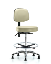 Rutledge Vinyl Stool with Back Chrome - High Bench Height with Seat Tilt, Chrome Foot Ring, & Stationary Glides in Adobe White Trailblazer Vinyl