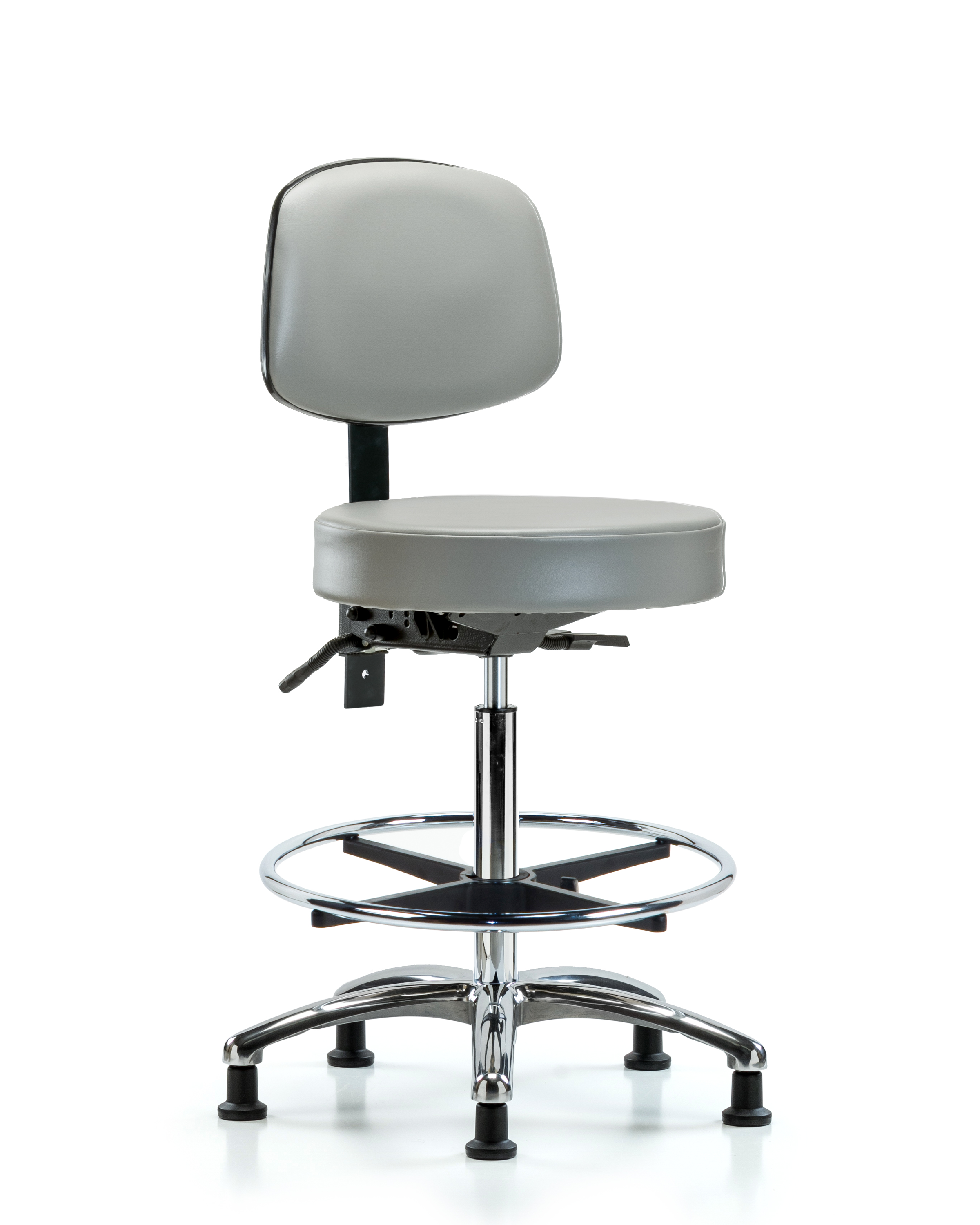 Rutledge Vinyl Stool with Back Chrome - High Bench Height with Seat Tilt, Chrome Foot Ring, & Stationary Glides in Dove Trailblazer Vinyl