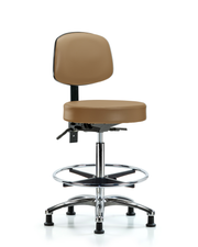 Rutledge Vinyl Stool with Back Chrome - High Bench Height with Seat Tilt, Chrome Foot Ring, & Stationary Glides in Taupe Trailblazer Vinyl