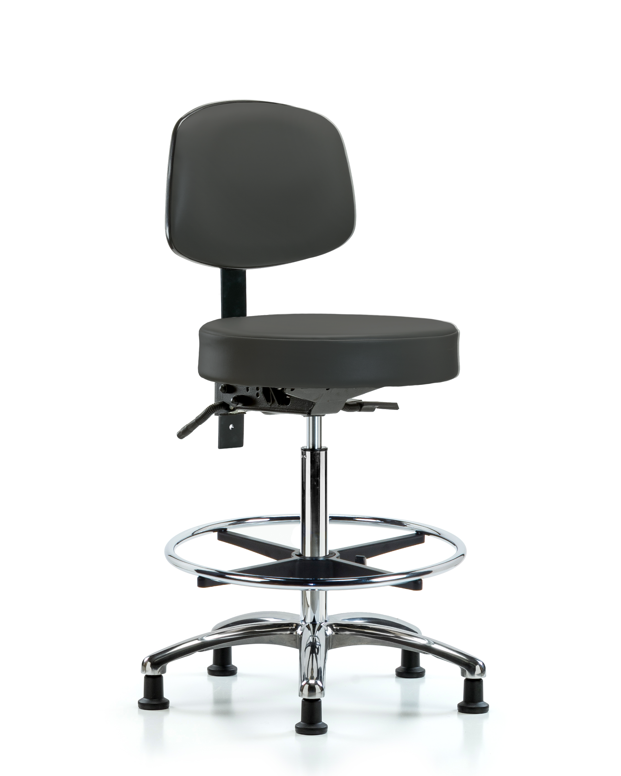 Rutledge Vinyl Stool with Back Chrome - High Bench Height with Seat Tilt, Chrome Foot Ring, & Stationary Glides in Charcoal Trailblazer Vinyl