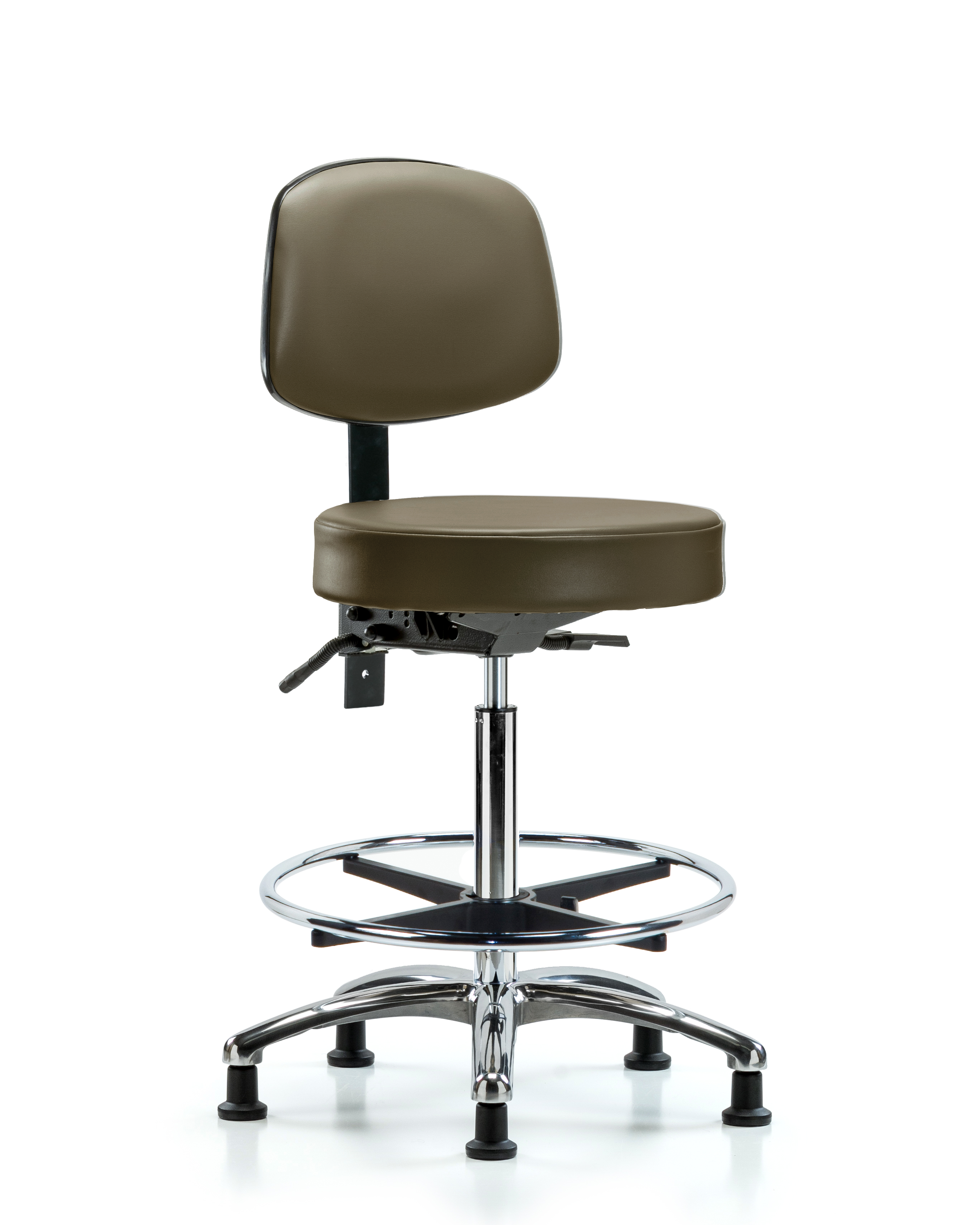 Rutledge Vinyl Stool with Back Chrome - High Bench Height with Seat Tilt, Chrome Foot Ring, & Stationary Glides in Taupe Supernova Vinyl