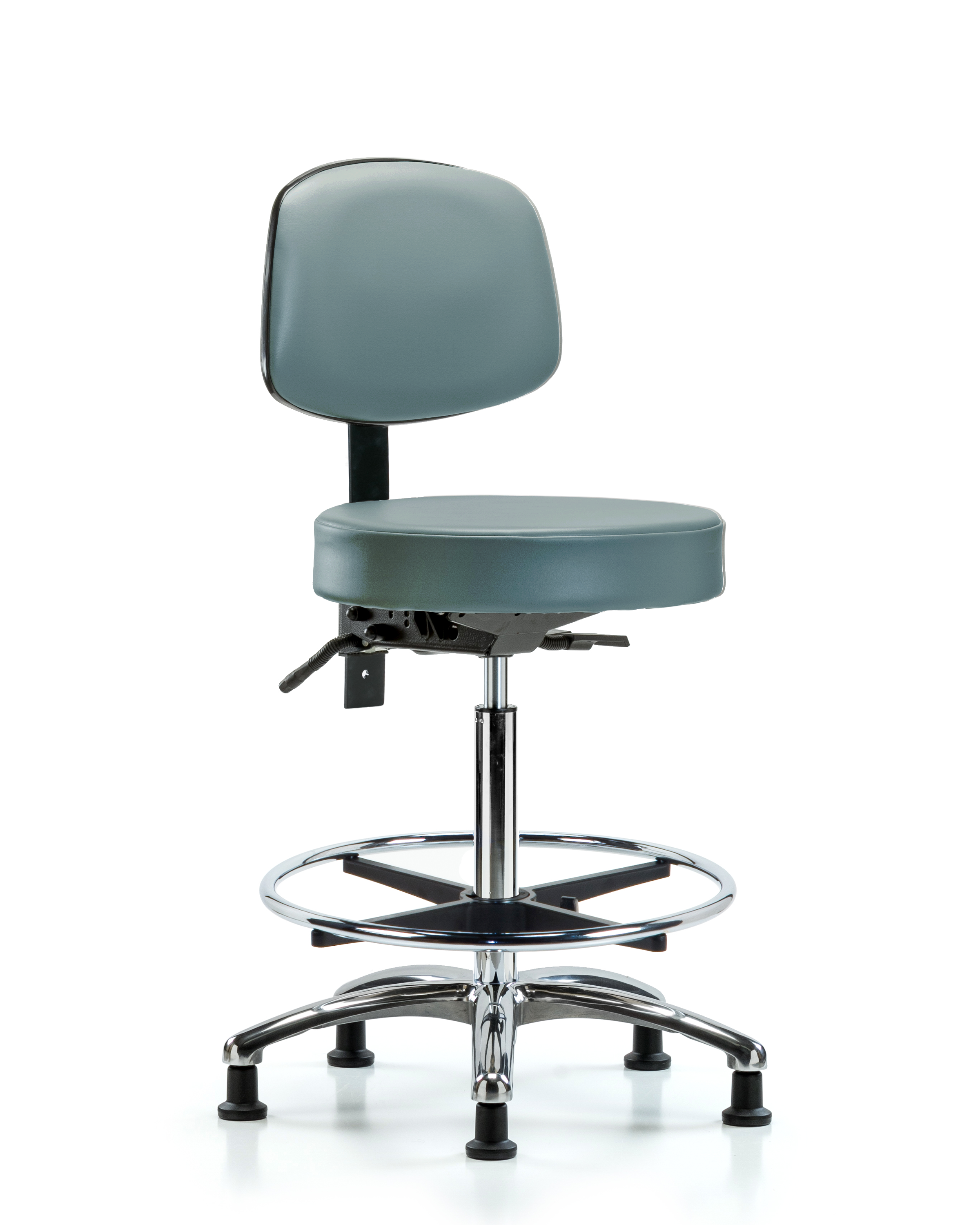 Rutledge Vinyl Stool with Back Chrome - High Bench Height with Seat Tilt, Chrome Foot Ring, & Stationary Glides in Storm Supernova Vinyl