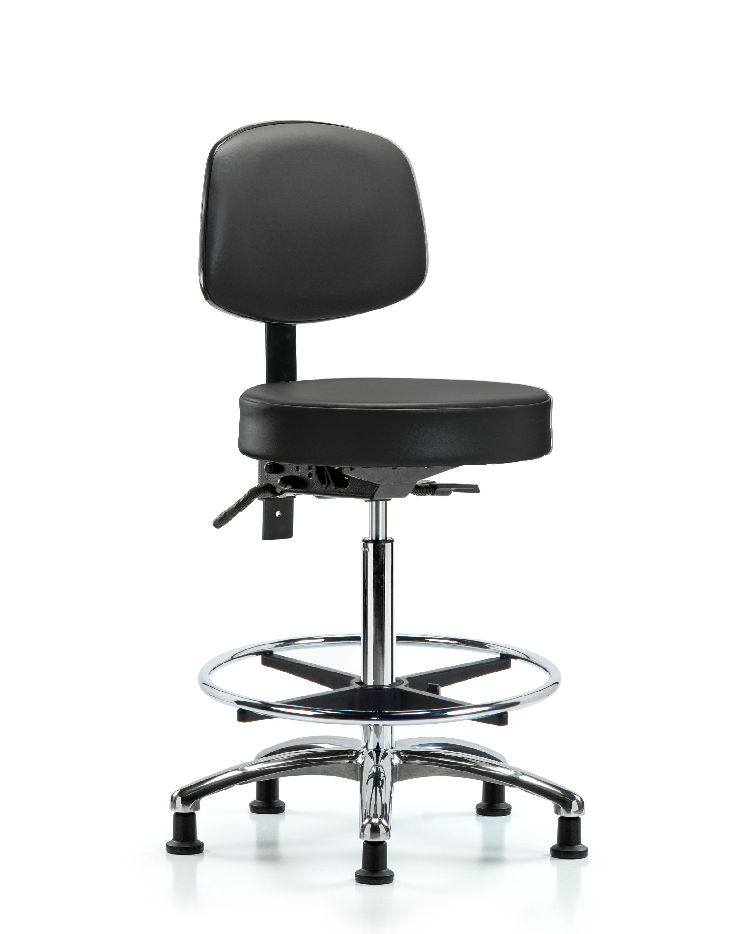 Rutledge Vinyl Stool with Back Chrome - High Bench Height with Seat Tilt, Chrome Foot Ring, & Stationary Glides in Carbon Supernova Vinyl