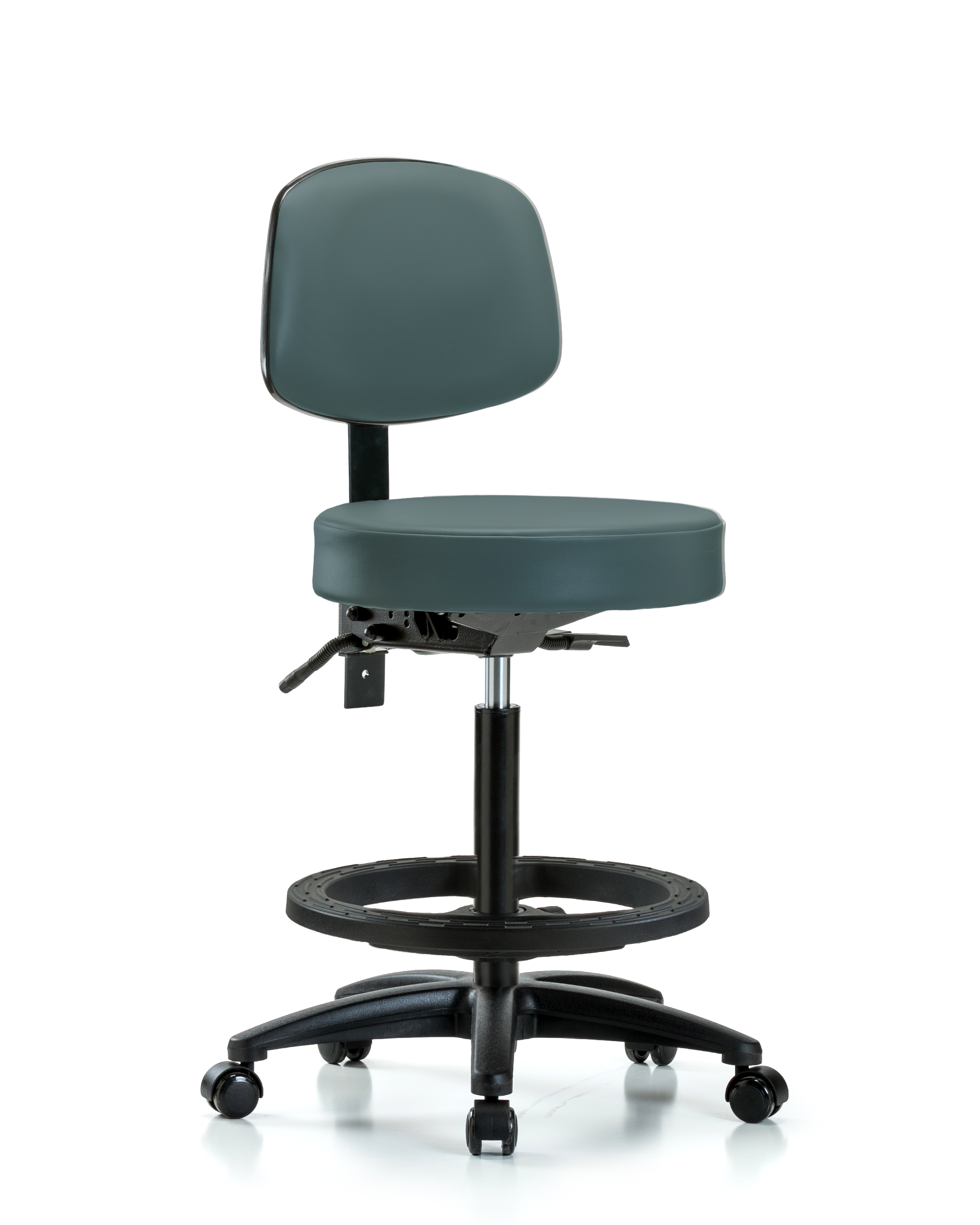 Rutledge Vinyl Stool with Back - High Bench Height with Black Foot Ring & Casters in Colonial Blue Trailblazer Vinyl
