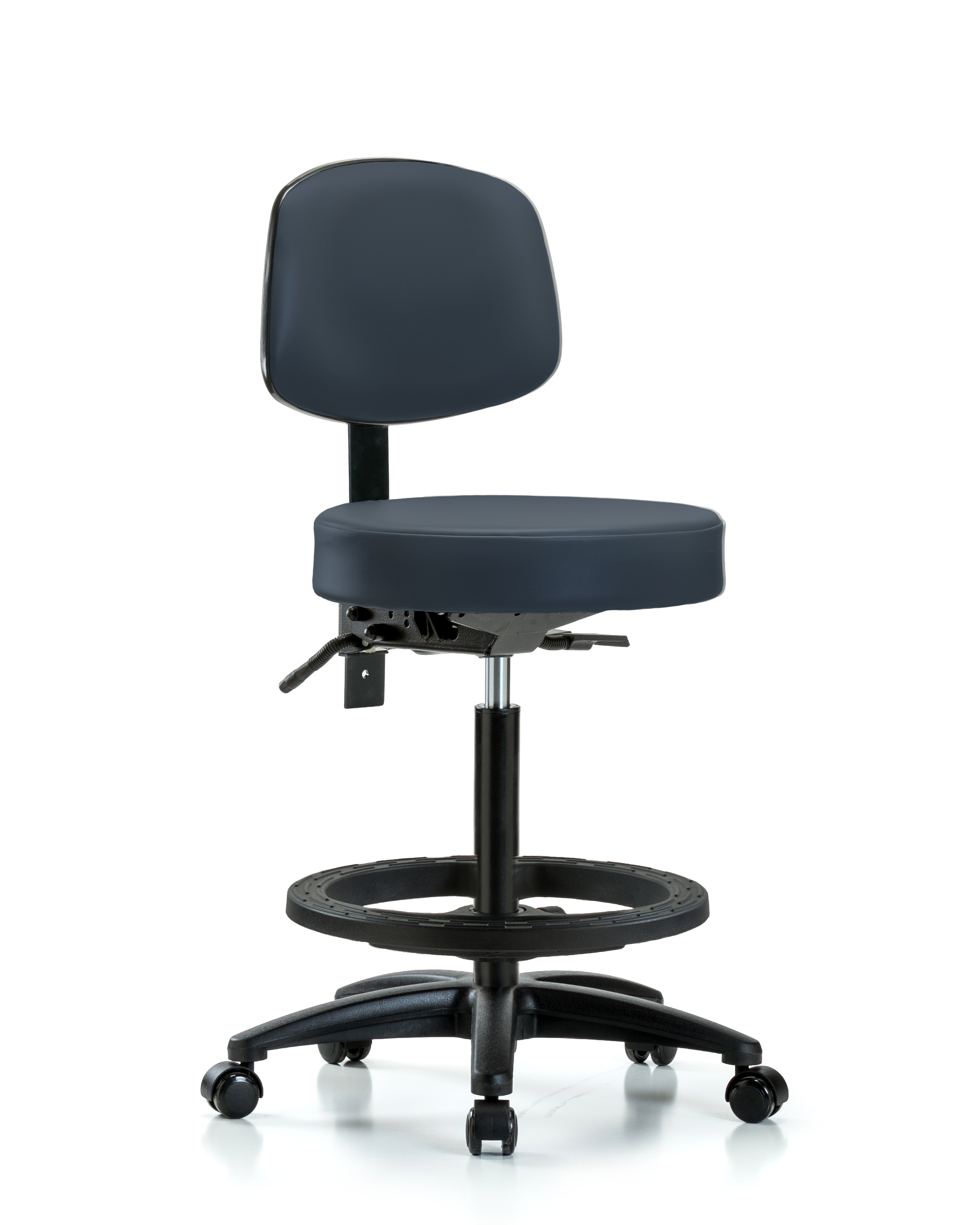 Rutledge Vinyl Stool with Back - High Bench Height with Black Foot Ring & Casters in Imperial Blue Trailblazer Vinyl
