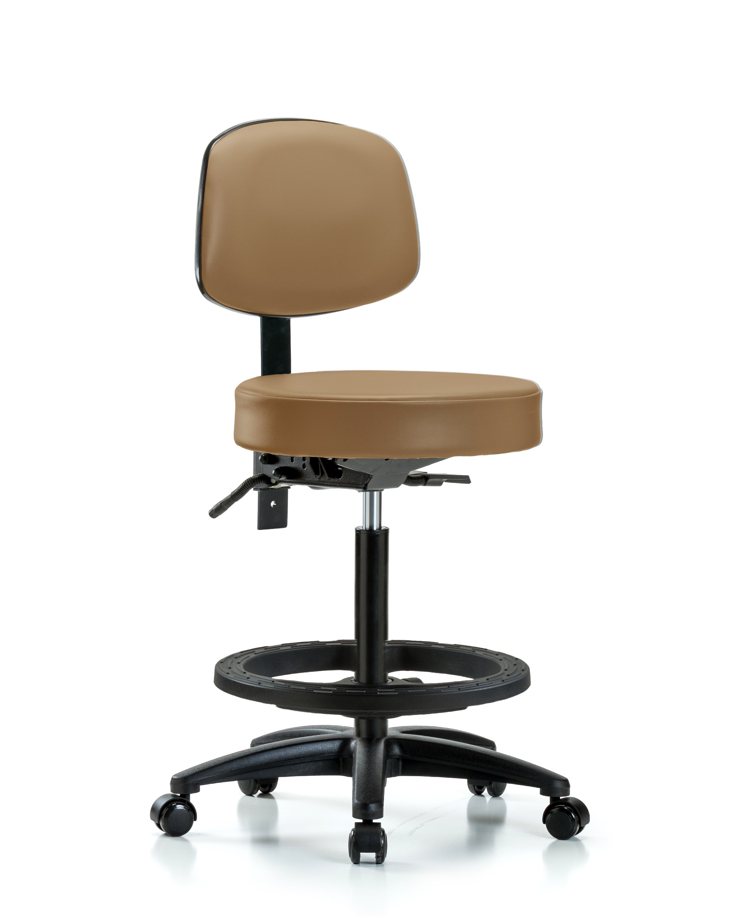 Rutledge Vinyl Stool with Back - High Bench Height with Black Foot Ring & Casters in Taupe Trailblazer Vinyl