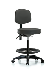 Rutledge Vinyl Stool with Back - High Bench Height with Black Foot Ring & Casters in Charcoal Trailblazer Vinyl