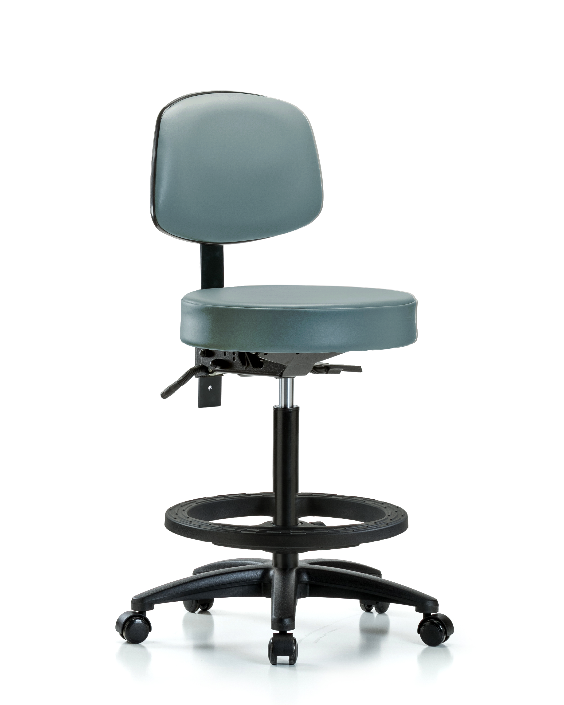 Rutledge Vinyl Stool with Back - High Bench Height with Black Foot Ring & Casters in Storm Supernova Vinyl