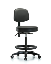 Rutledge Vinyl Stool with Back - High Bench Height with Black Foot Ring & Casters in Carbon Supernova Vinyl