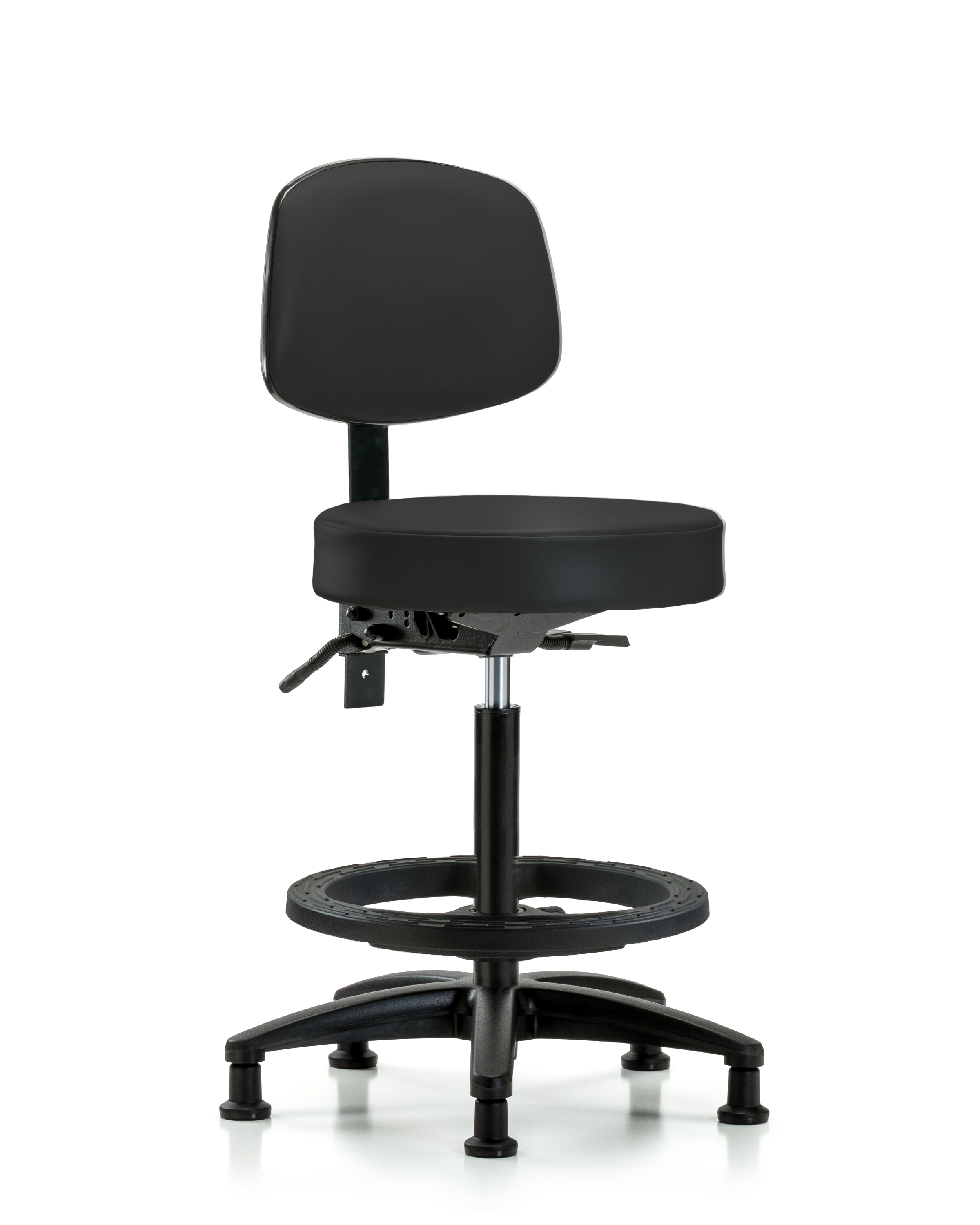 Rutledge Vinyl Stool with Back - High Bench Height with Black Foot Ring & Stationary Glides in Black Trailblazer Vinyl