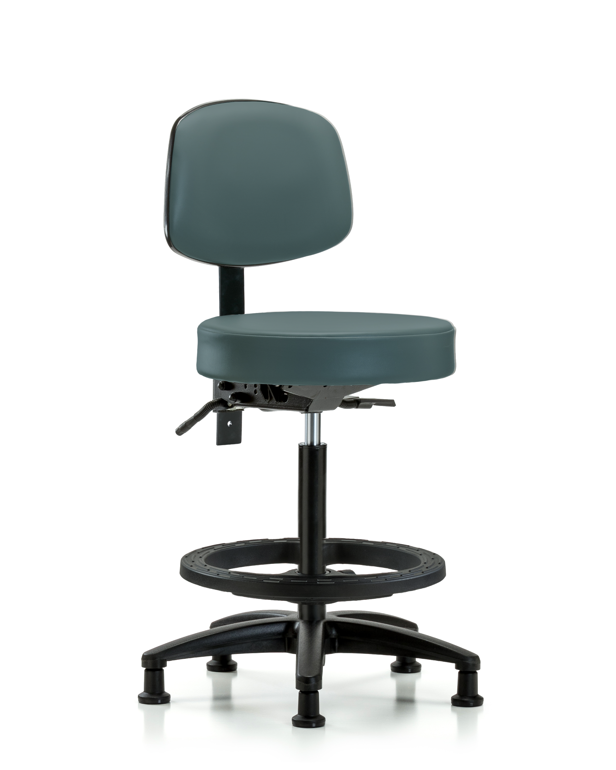 Rutledge Vinyl Stool with Back - High Bench Height with Black Foot Ring & Stationary Glides in Colonial Blue Trailblazer Vinyl