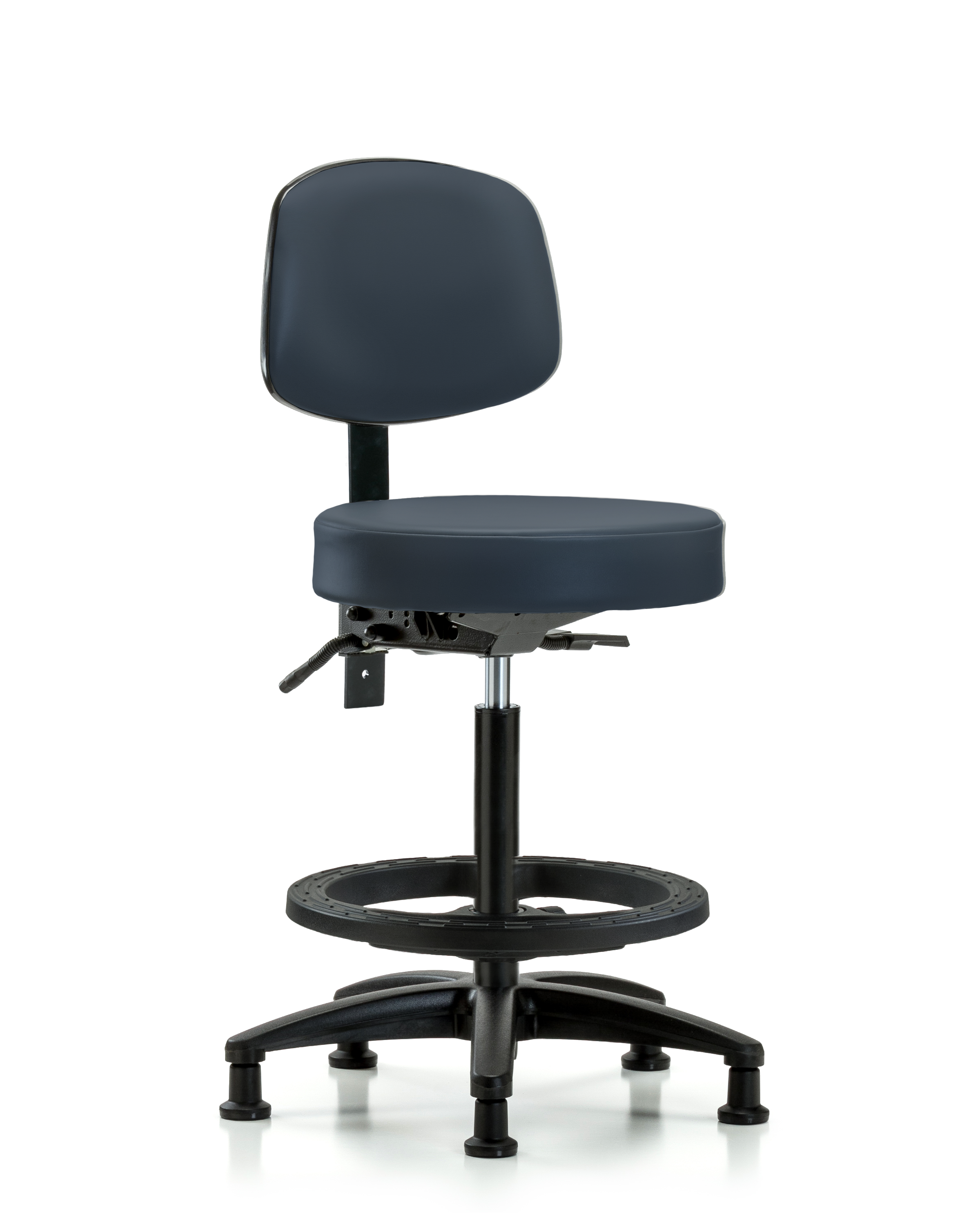 Rutledge Vinyl Stool with Back - High Bench Height with Black Foot Ring & Stationary Glides in Imperial Blue Trailblazer Vinyl