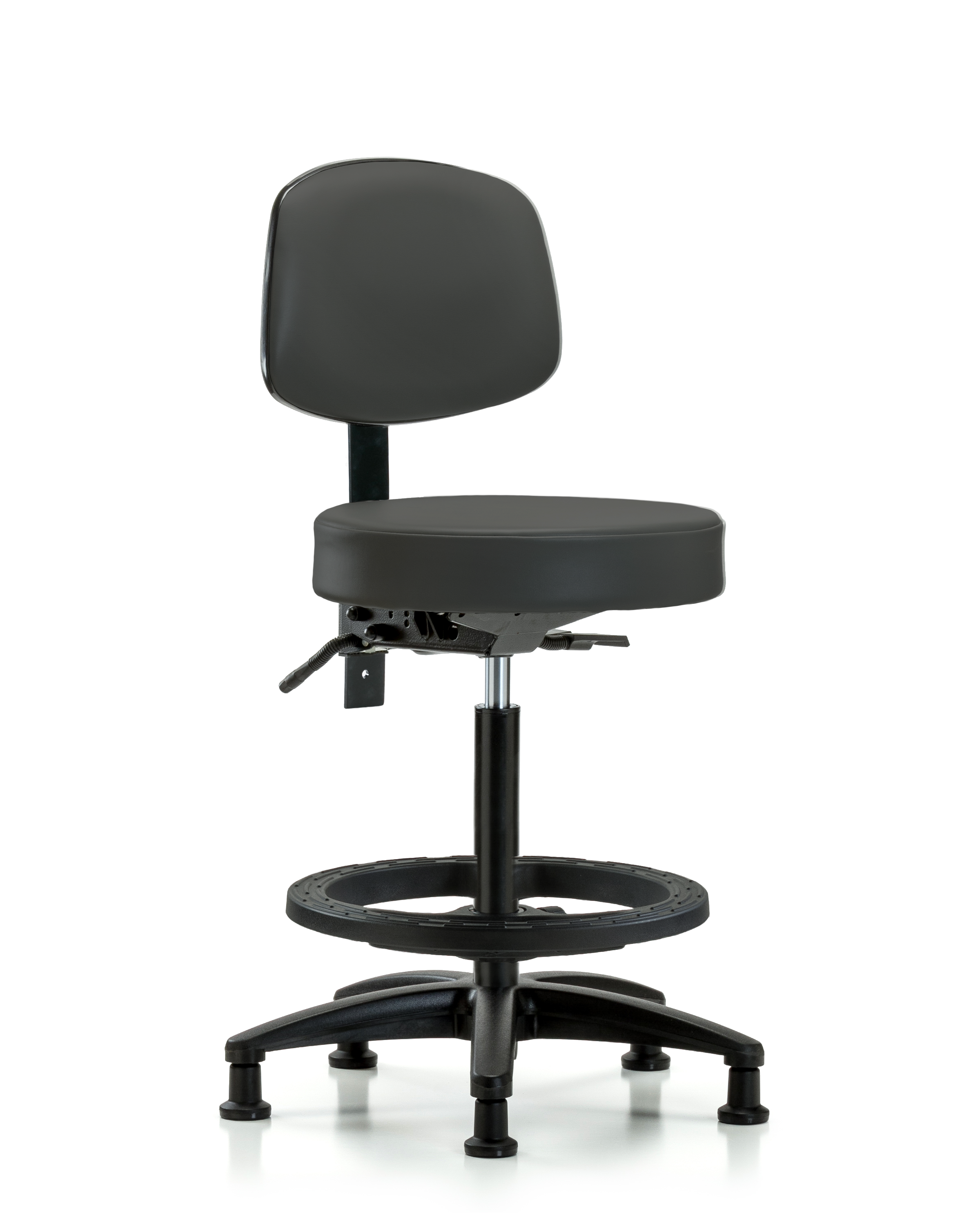 Rutledge Vinyl Stool with Back - High Bench Height with Black Foot Ring & Stationary Glides in Charcoal Trailblazer Vinyl