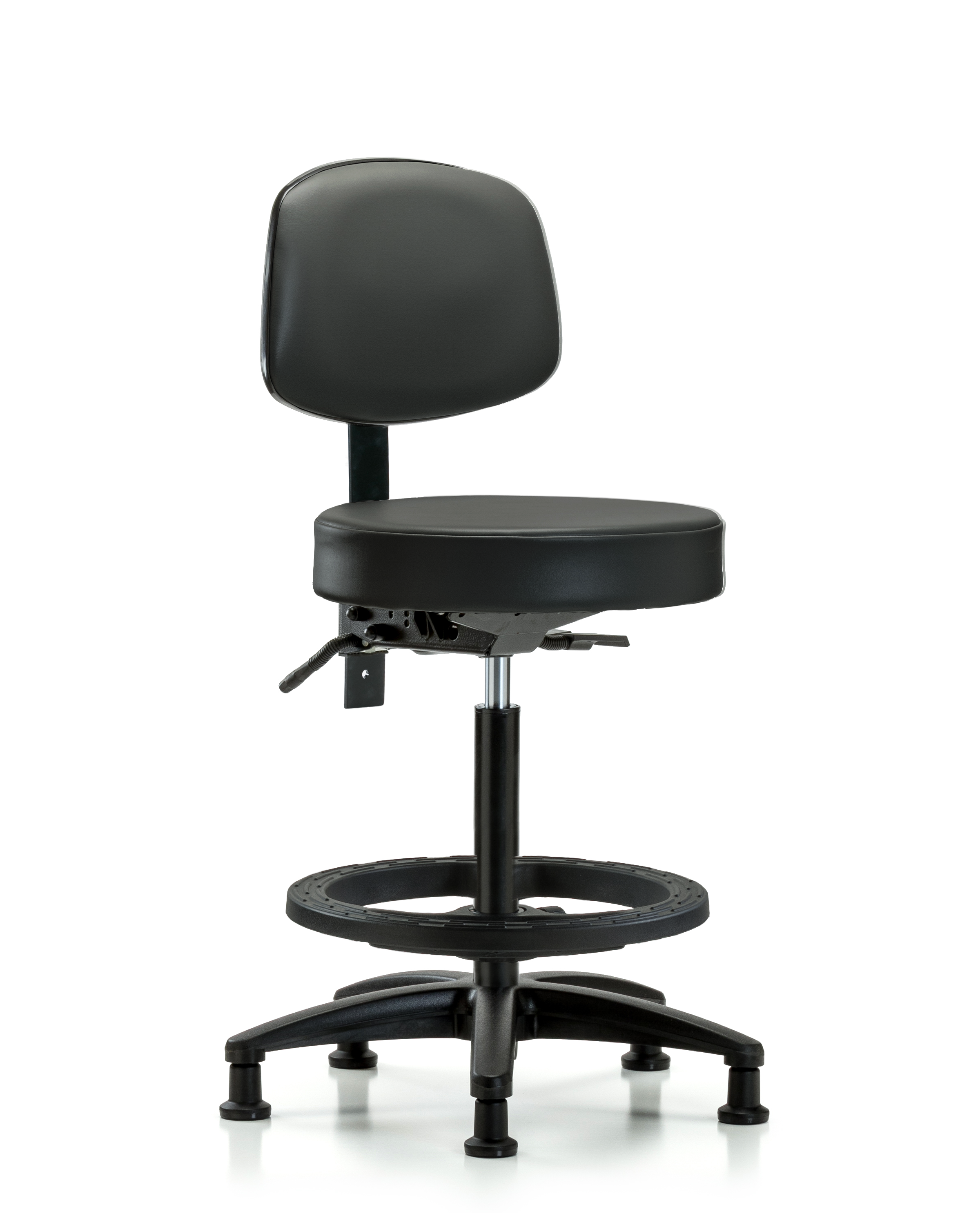 Rutledge Vinyl Stool with Back - High Bench Height with Black Foot Ring & Stationary Glides in Carbon Supernova Vinyl