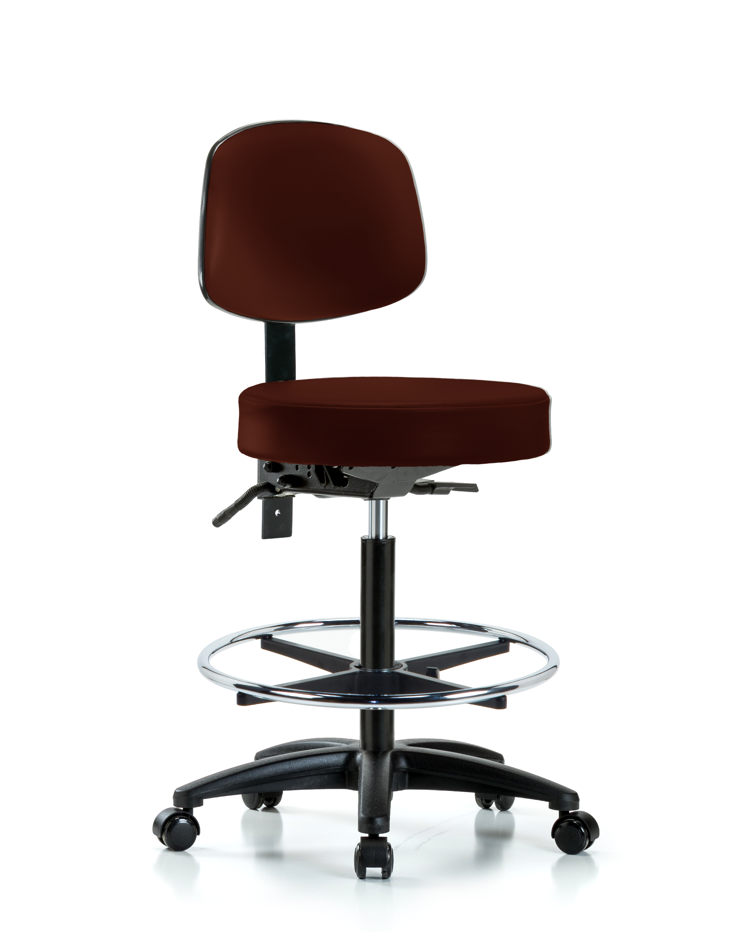 Rutledge Vinyl Stool with Back - High Bench Height with Chrome Foot Ring & Casters in Burgundy Trailblazer Vinyl