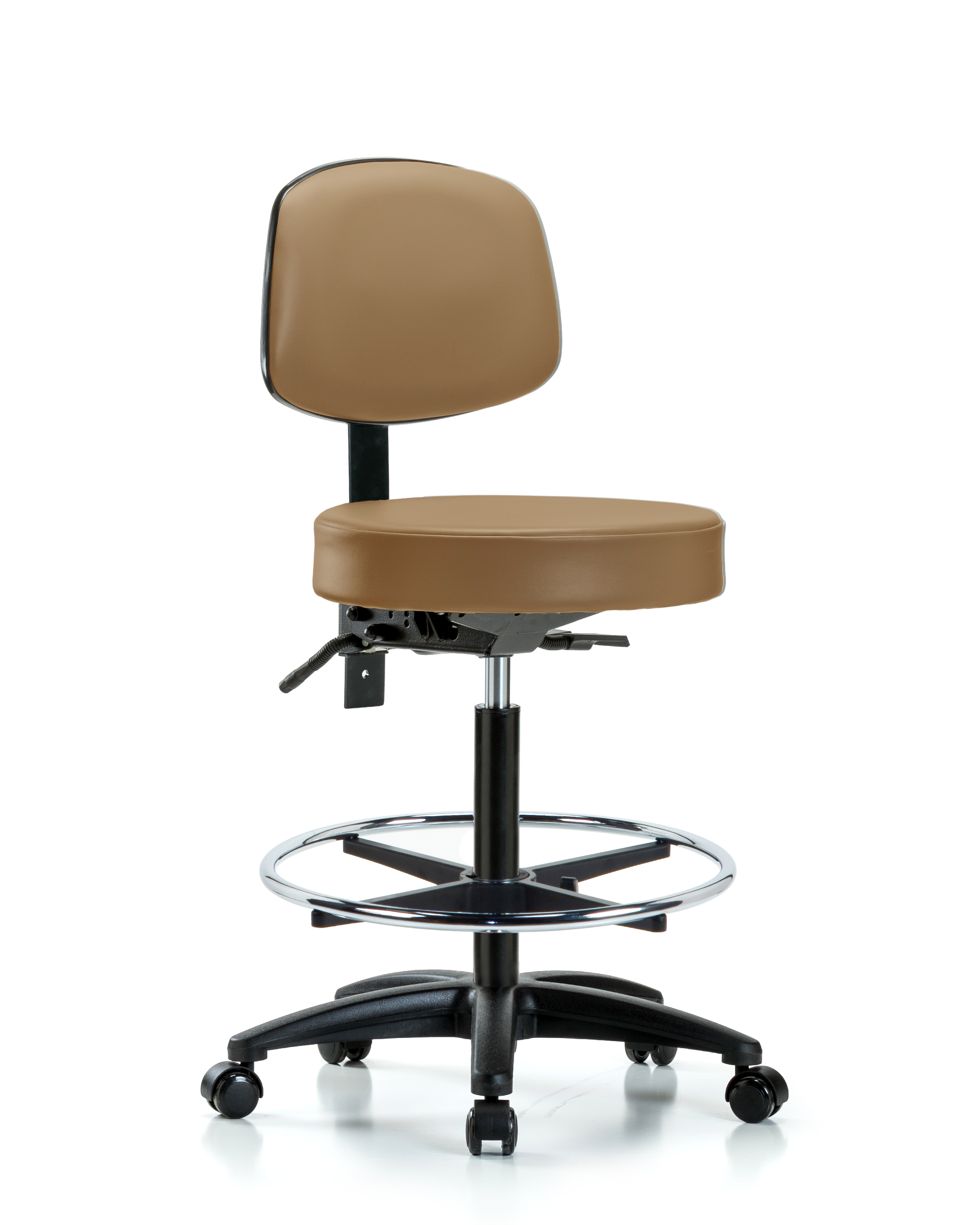 Rutledge Vinyl Stool with Back - High Bench Height with Chrome Foot Ring & Casters in Taupe Trailblazer Vinyl