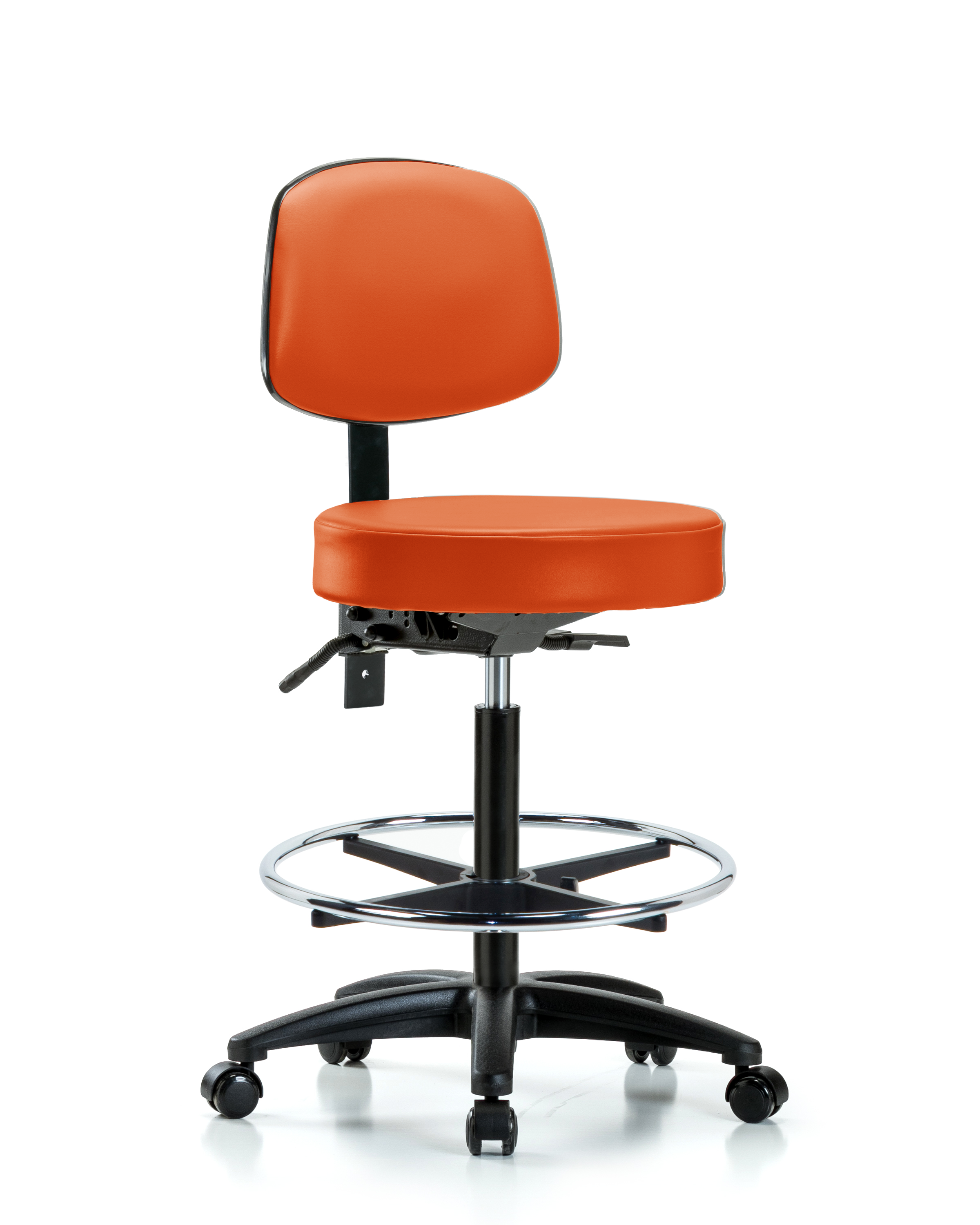 Rutledge Vinyl Stool with Back - High Bench Height with Chrome Foot Ring & Casters in Orange Kist Trailblazer Vinyl