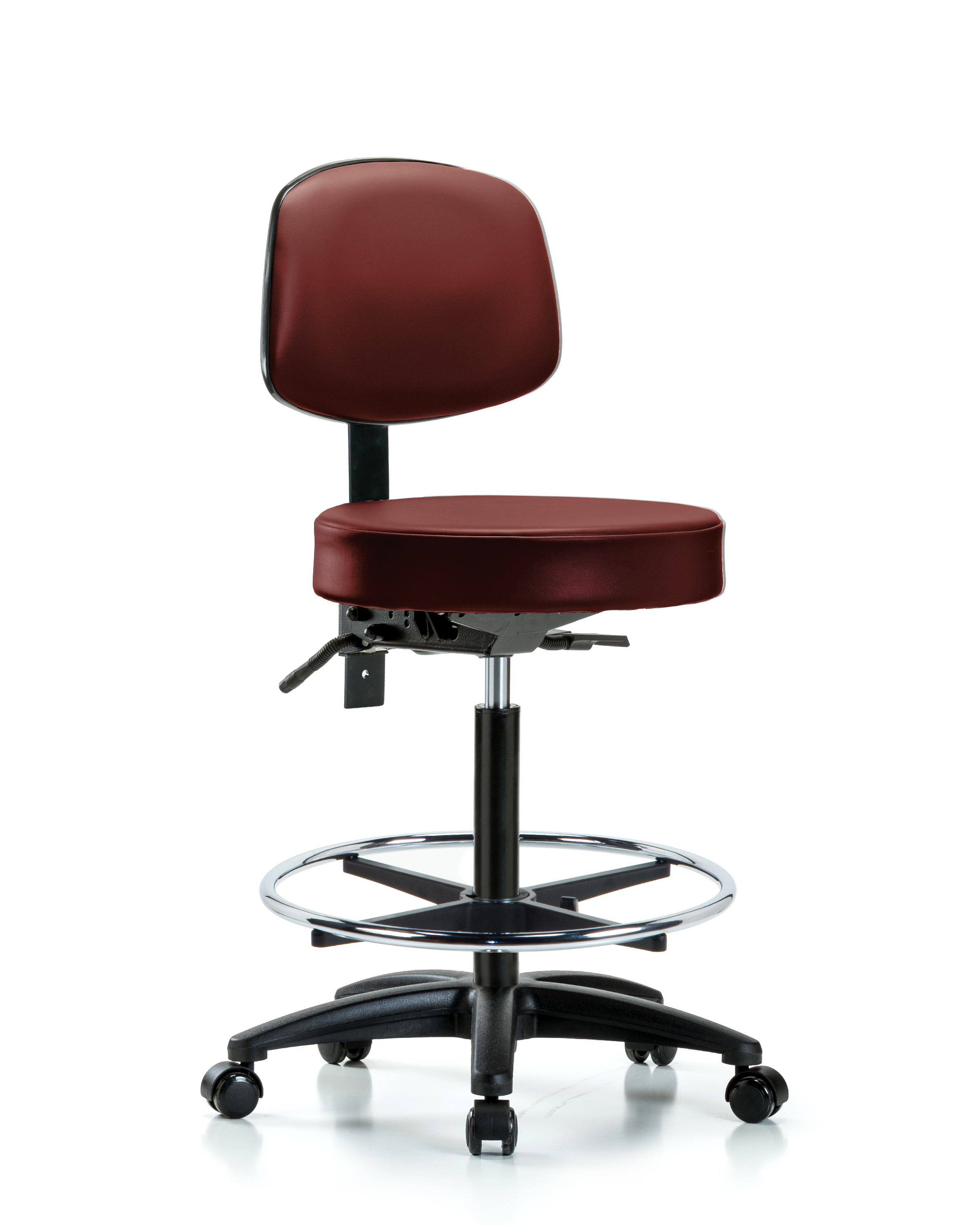 Rutledge Vinyl Stool with Back - High Bench Height with Chrome Foot Ring & Casters in Borscht Supernova Vinyl