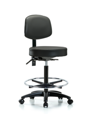 Rutledge Vinyl Stool with Back - High Bench Height with Chrome Foot Ring & Casters in Carbon Supernova Vinyl
