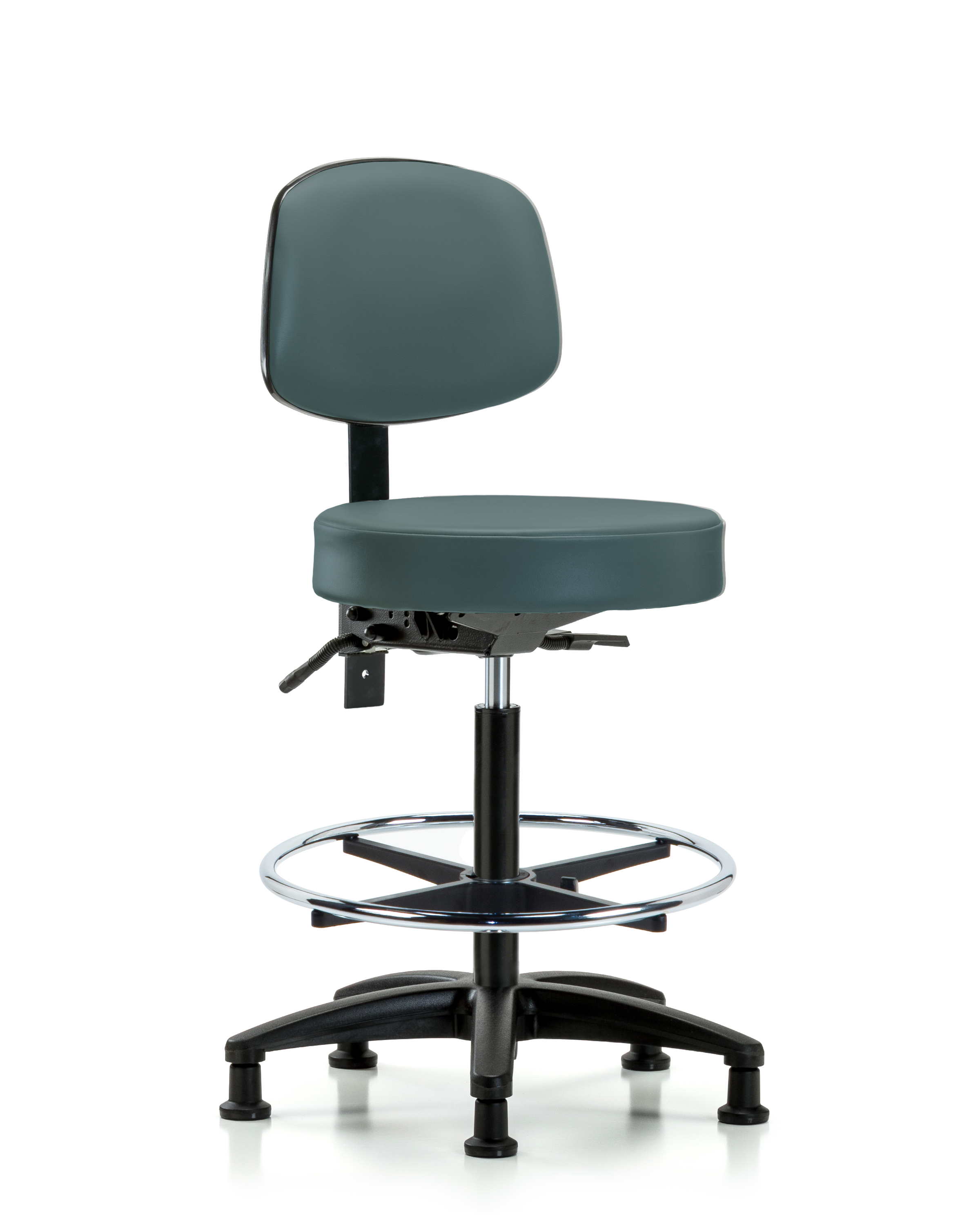 Rutledge Vinyl Stool with Back - High Bench Height with Chrome Foot Ring & Stationary Glides in Colonial Blue Trailblazer Vinyl