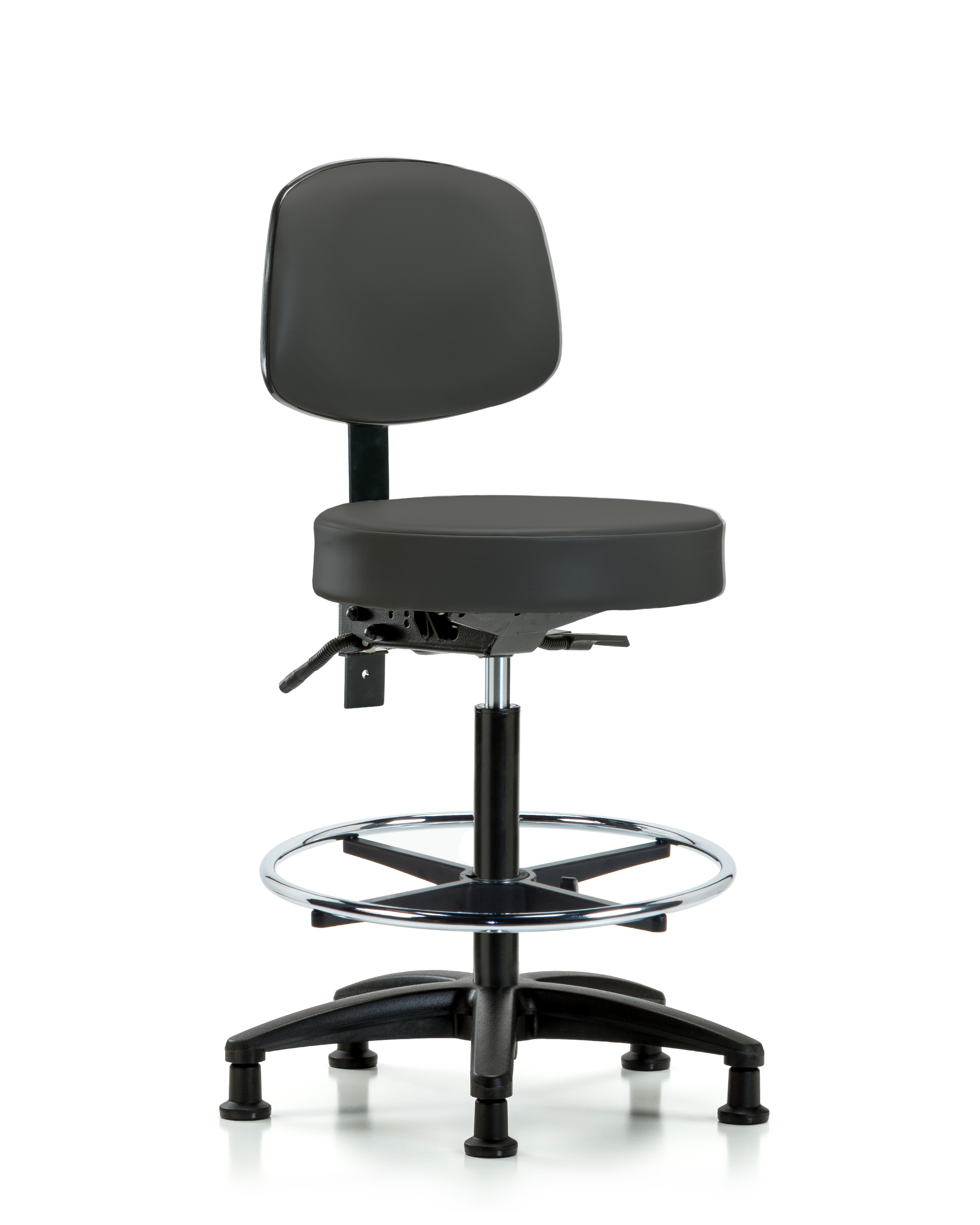 Rutledge Vinyl Stool with Back - High Bench Height with Chrome Foot Ring & Stationary Glides in Charcoal Trailblazer Vinyl