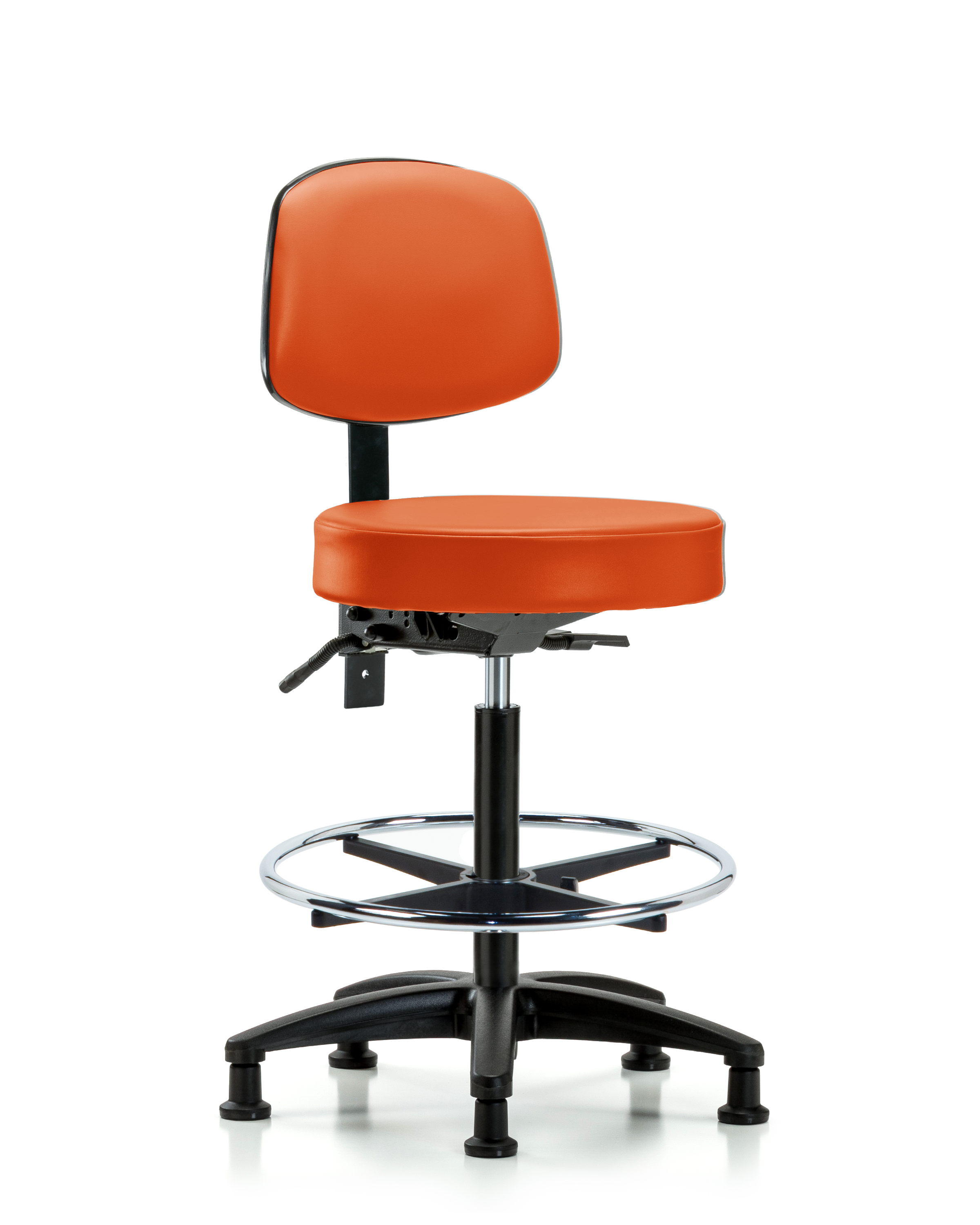 Rutledge Vinyl Stool with Back - High Bench Height with Chrome Foot Ring & Stationary Glides in Orange Kist Trailblazer Vinyl